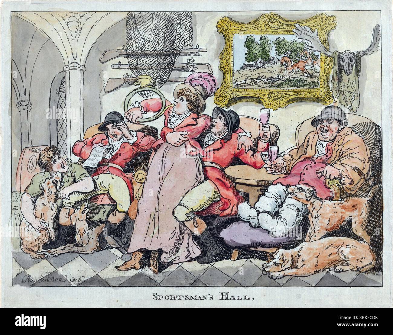 Une impression humoristique drôle de Sportsmans Hall ou Fox Hunters relaxant 1806 19ème siècle à la main gravure sur papier vintage créé par Thomas Rowlandson antique impression art Banque D'Images
