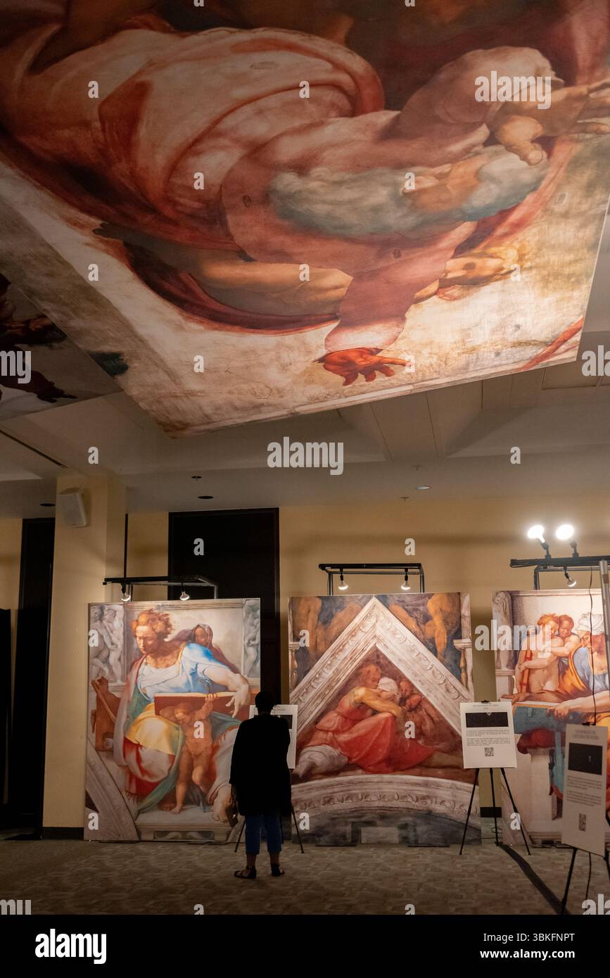 San Francisco, États-Unis. 20 juin 2025. L’exposition « la Chapelle Sixtine de Michel-Ange : l’expérience » s’ouvre au public le 21 juin pour trois mois à la cathédrale Marie (1111 Gough Street, San Francisco). Un visiteur regarde de près 'les ancêtres du Christ : ASA' et d'autres œuvres. L’exposition permet aux visiteurs d’obtenir une vue rapprochée des chefs-d’œuvre de Michel-Ange de la chapelle Sixtine du Vatican. En utilisant une photographie sous licence haute définition et une technique d'impression innovante, les fresques de plafond ont été recréées dans leurs dimensions originales. Crédit : Shelly Rivoli/Alamy Banque D'Images