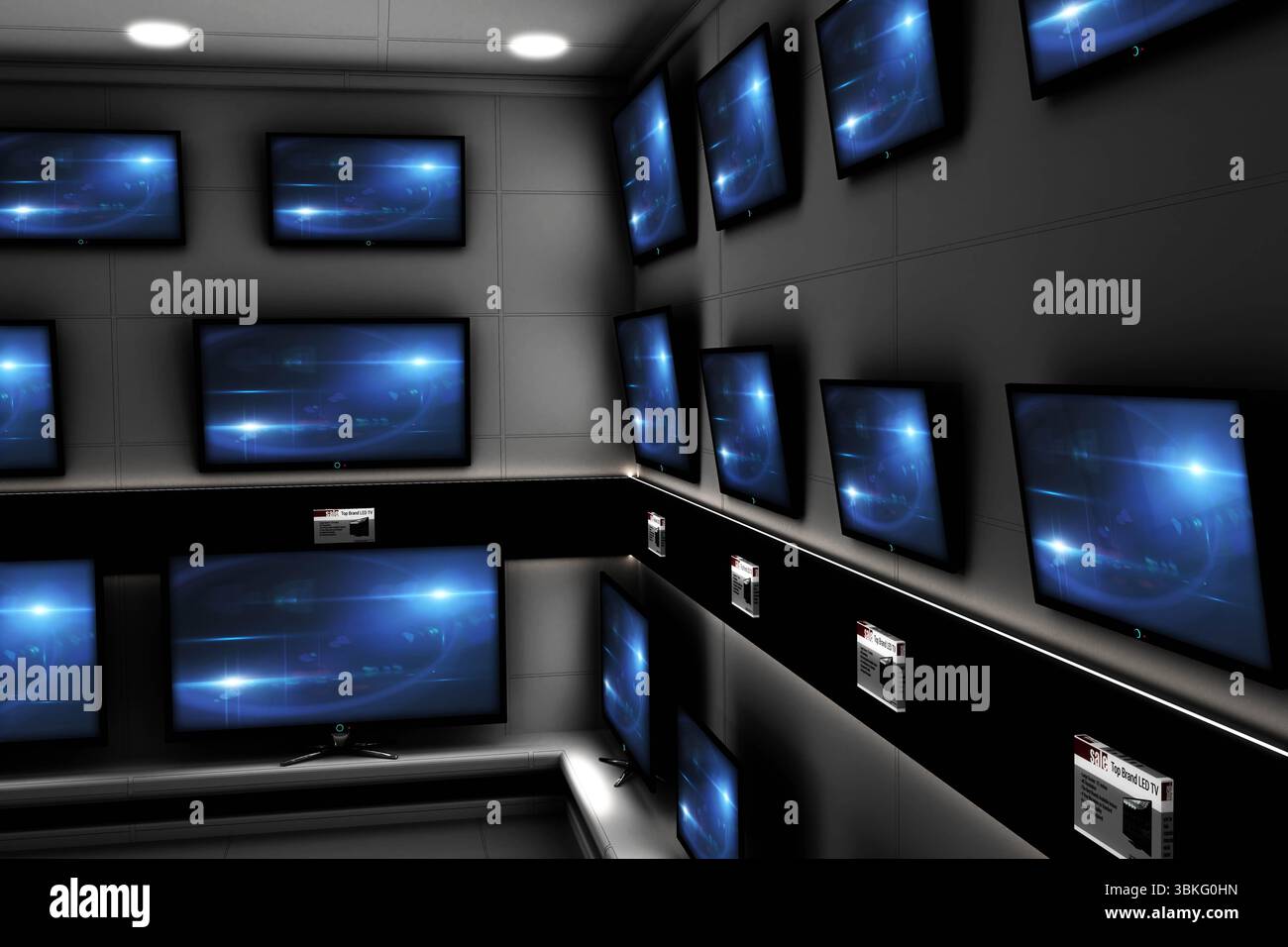 La salle d'exposition présente des téléviseurs à écran plat muraux d'angle avec étiquettes de prix électroniques et espace photocopieur Banque D'Images