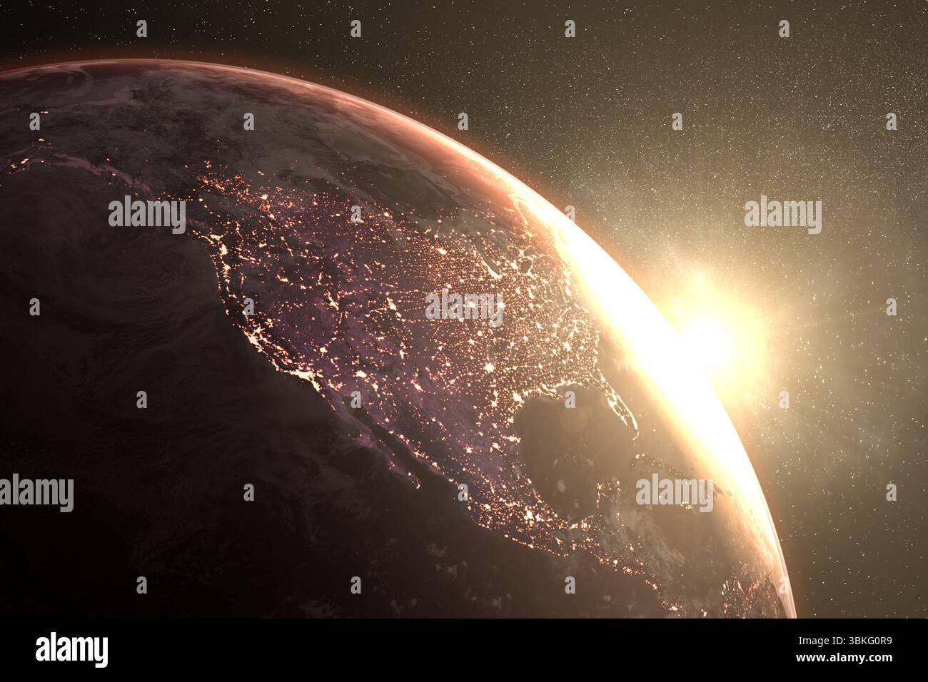 Soleil levant derrière la planète Terre Banque D'Images