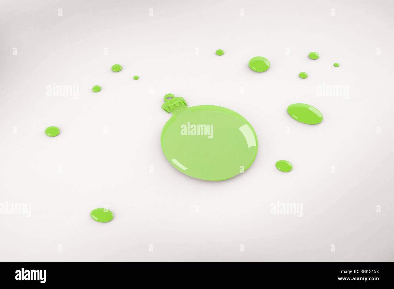 L'ornement vert citron est assis sur le dessus de table blanc dans un design plat, avec des gouttelettes brillantes, espace de copie Banque D'Images