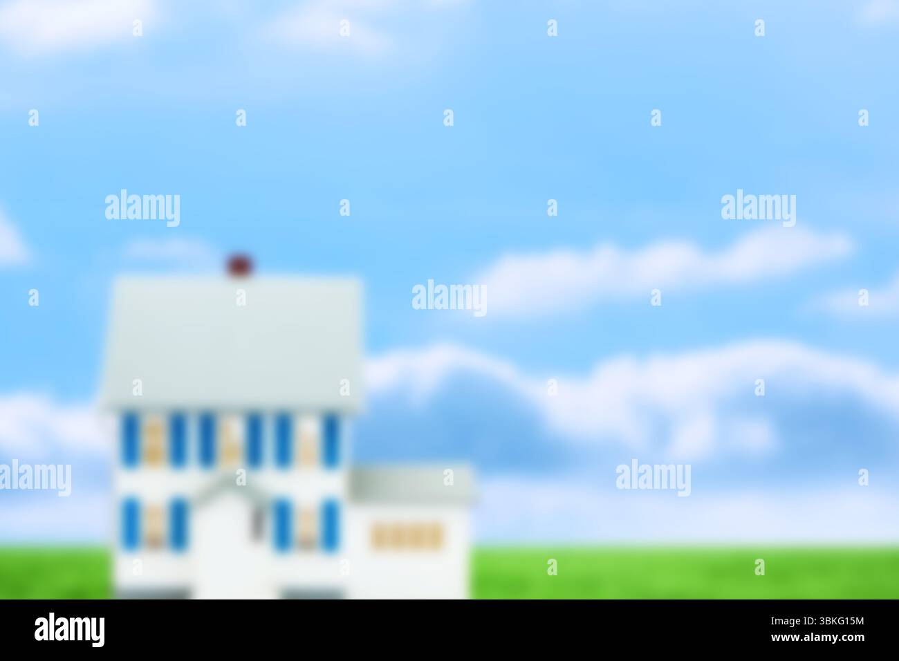 Maison blanche à deux étages assis dans un design plat montrant le toit gris volets bleus pelouse verte sous les nuages Banque D'Images