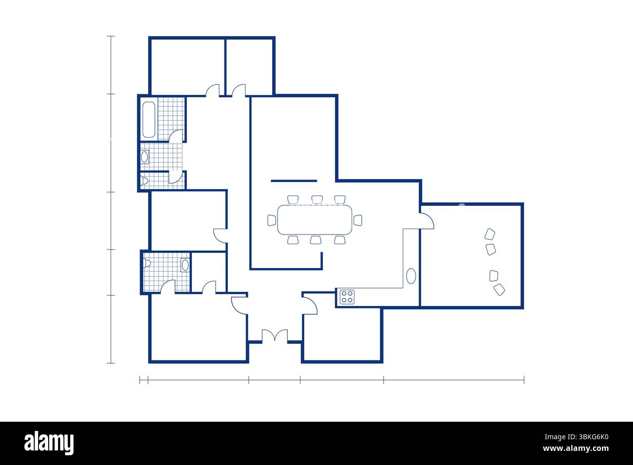 Le plan d'étage architectural est montré dans le style Blueprint, avec table à manger, poêle et luminaires Banque D'Images