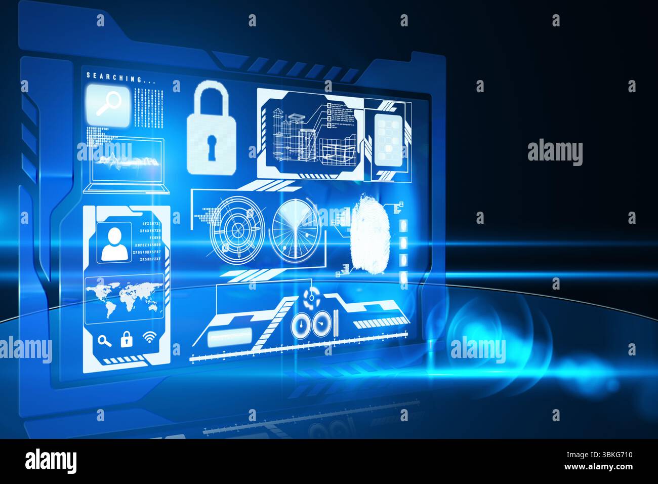 Panneau holographique bleu flottant présentant un cadenas, un balayage d'empreintes digitales, des graphiques de jauge Banque D'Images