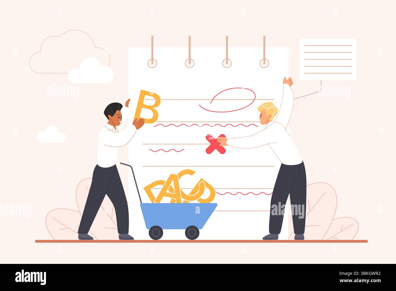 Corriger les fautes de grammaire et d'orthographe, éditer le processus de texte dans le service de relecture. Les personnes minuscules améliorent le document papier, remplacent les lettres pour modifier l'illustration vectorielle de dessin animé de contenu incorrect Illustration de Vecteur