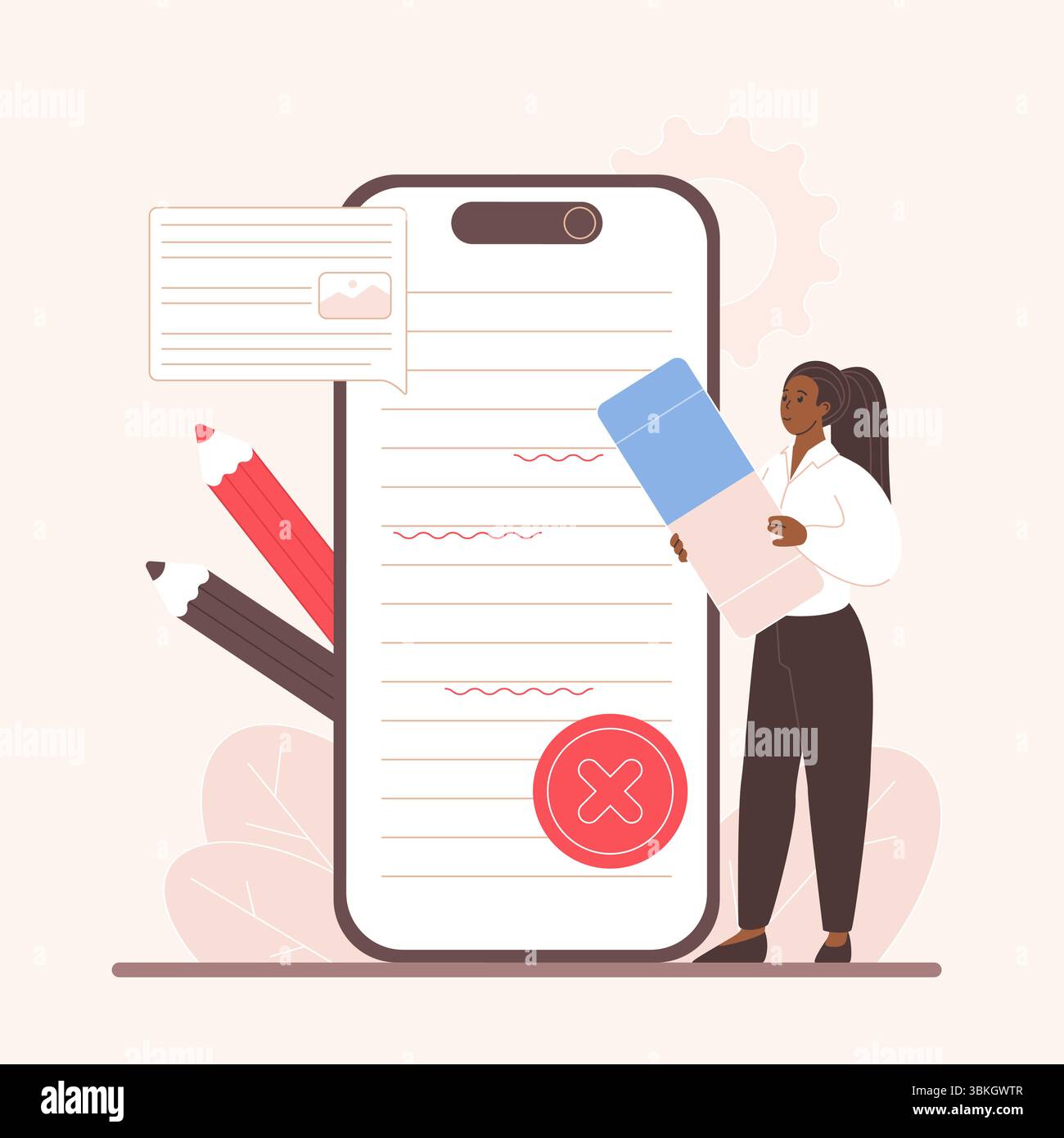Corriger les erreurs de grammaire, éditer le texte du contenu et des informations en ligne, relecture avec l'application mobile de l'éditeur. Petite femme améliorer le document sur l'écran de smartphone avec l'illustration vectorielle de dessin animé de gomme Illustration de Vecteur