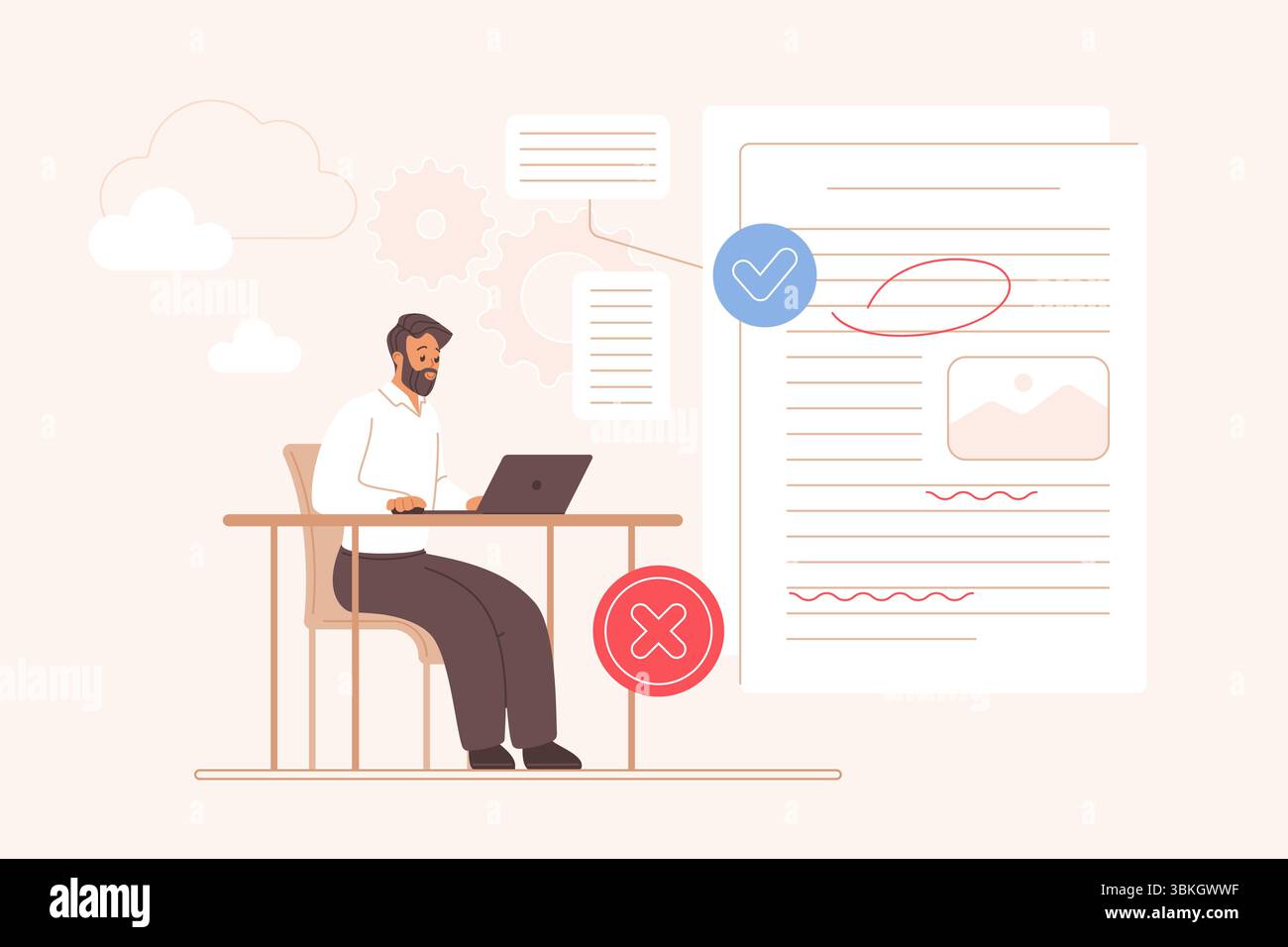 Corriger les erreurs de grammaire, éditer le texte, processus de relecture par correcteur. Minuscule homme travaillant avec un ordinateur portable pour vérifier les fautes de grammaire et d'orthographe, améliorer le document, les auteurs essaient illustration vectorielle de dessin animé Illustration de Vecteur