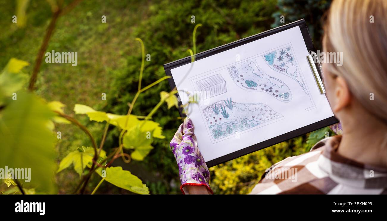 aménagement paysager. femme jardinière regardant le plan de jardin ornemental. bannière avec espace de copie Banque D'Images