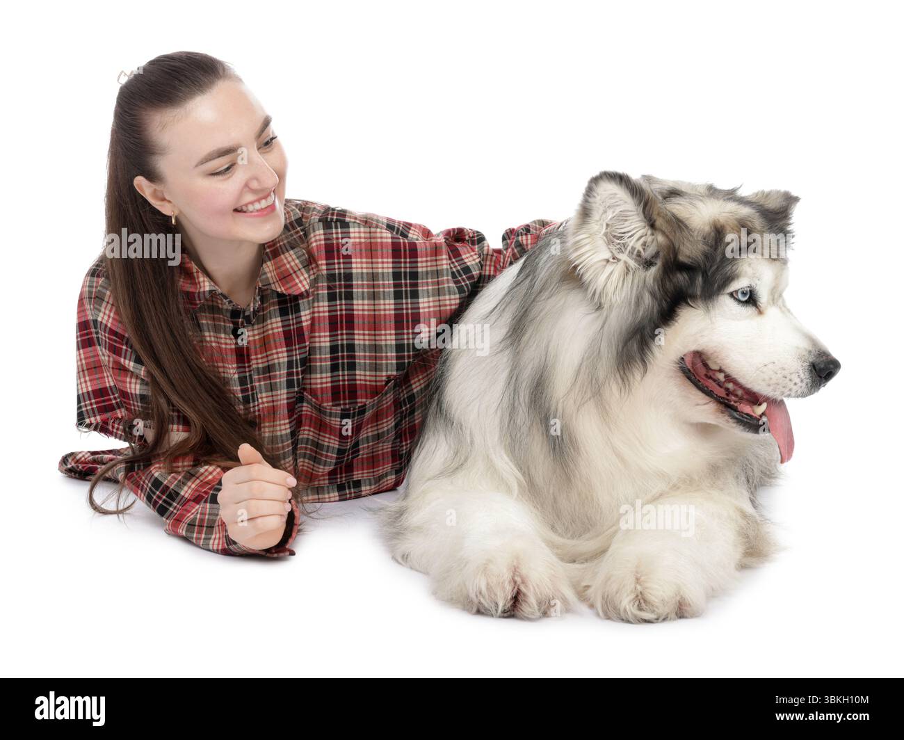 Femme avec son beau chien Malamute d'Alaska sur fond blanc Banque D'Images