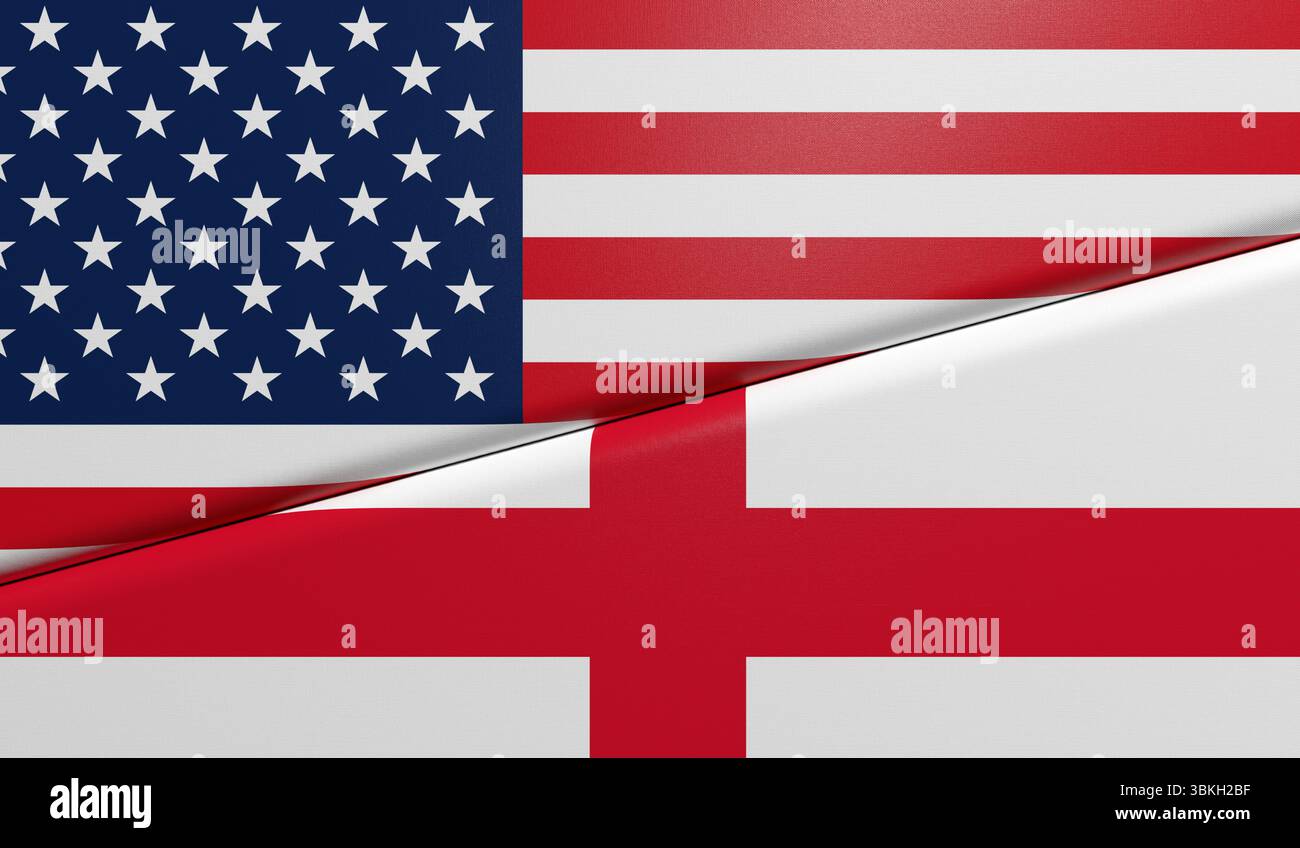 Drapeaux américains et anglais côte à côte - rendu 3D. Banque D'Images