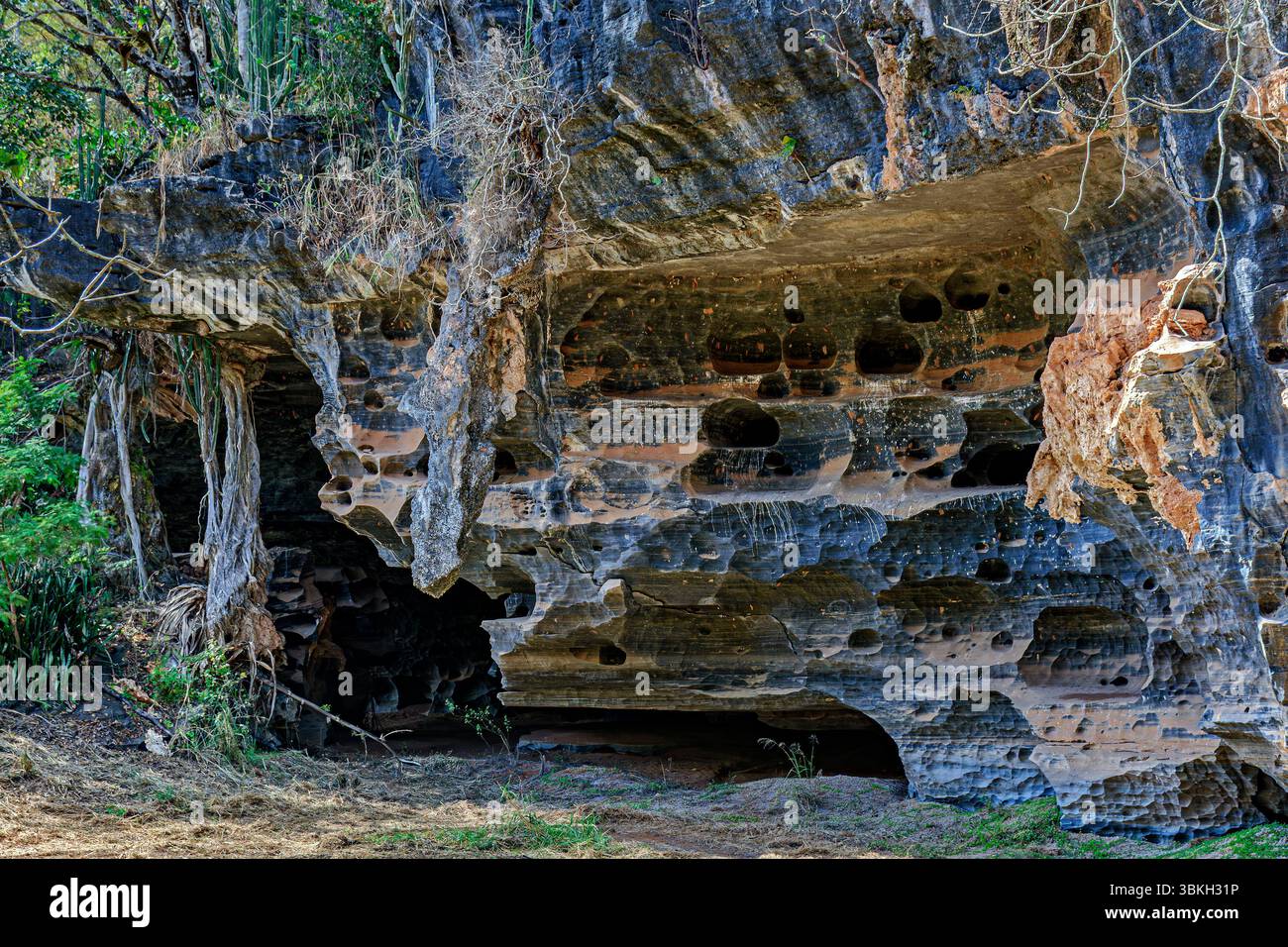 Entrée de grotte et formation rocheuse dans la région de Lapinha da Serra dans l'État du Minas Gerais Banque D'Images