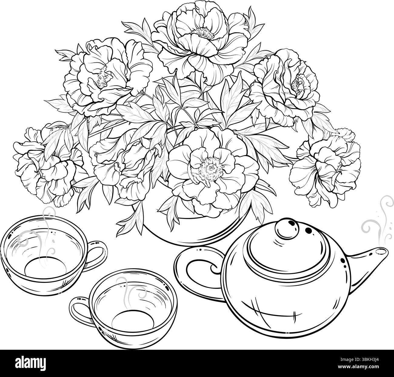 Tasse de thé et théière avec pivoines vecteur isolé pour la conception et la décoration pour cafétéria, affiches, bannières, cartes. Tasse de boisson chaude réchauffant l'hiver. Illustration de Vecteur