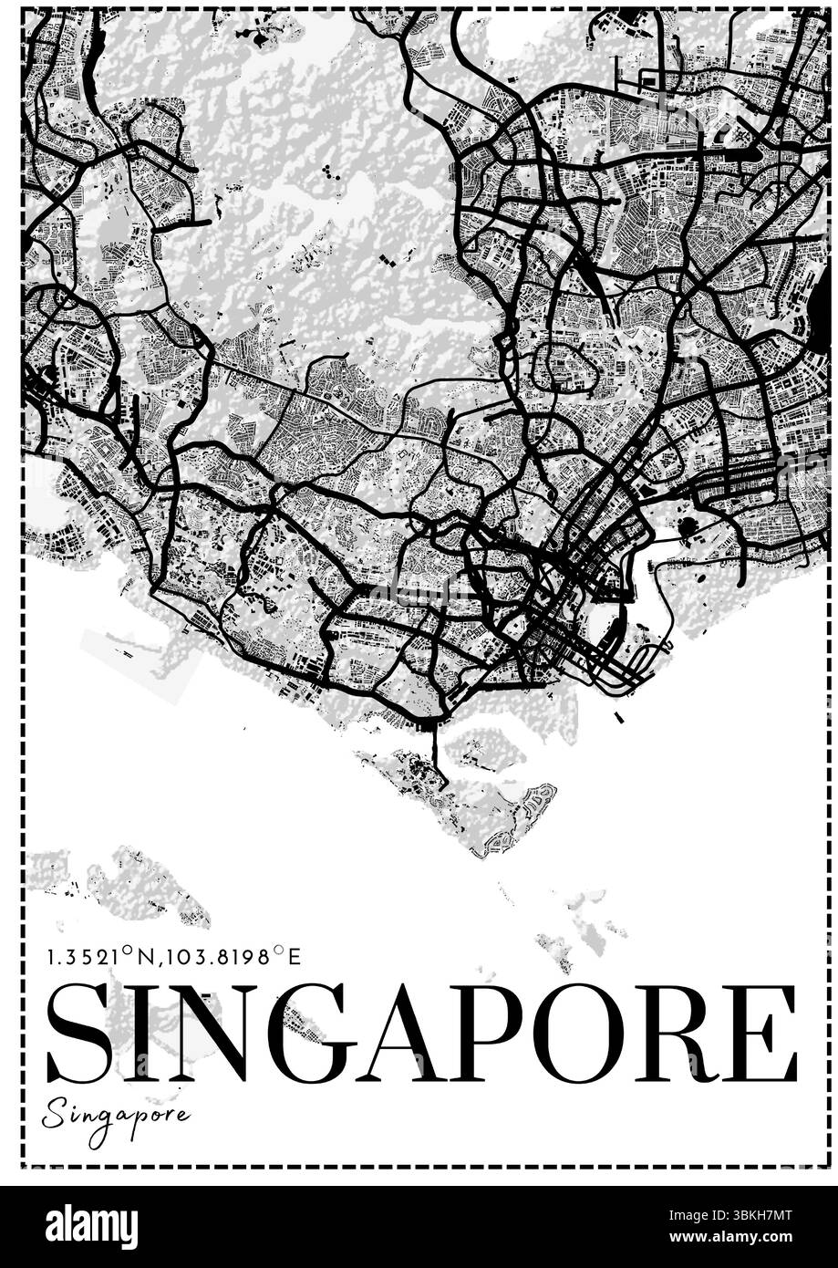Plan des rues de Singapour – fond clair avec affiche d'art monochrome Dark Line Illustration de Vecteur