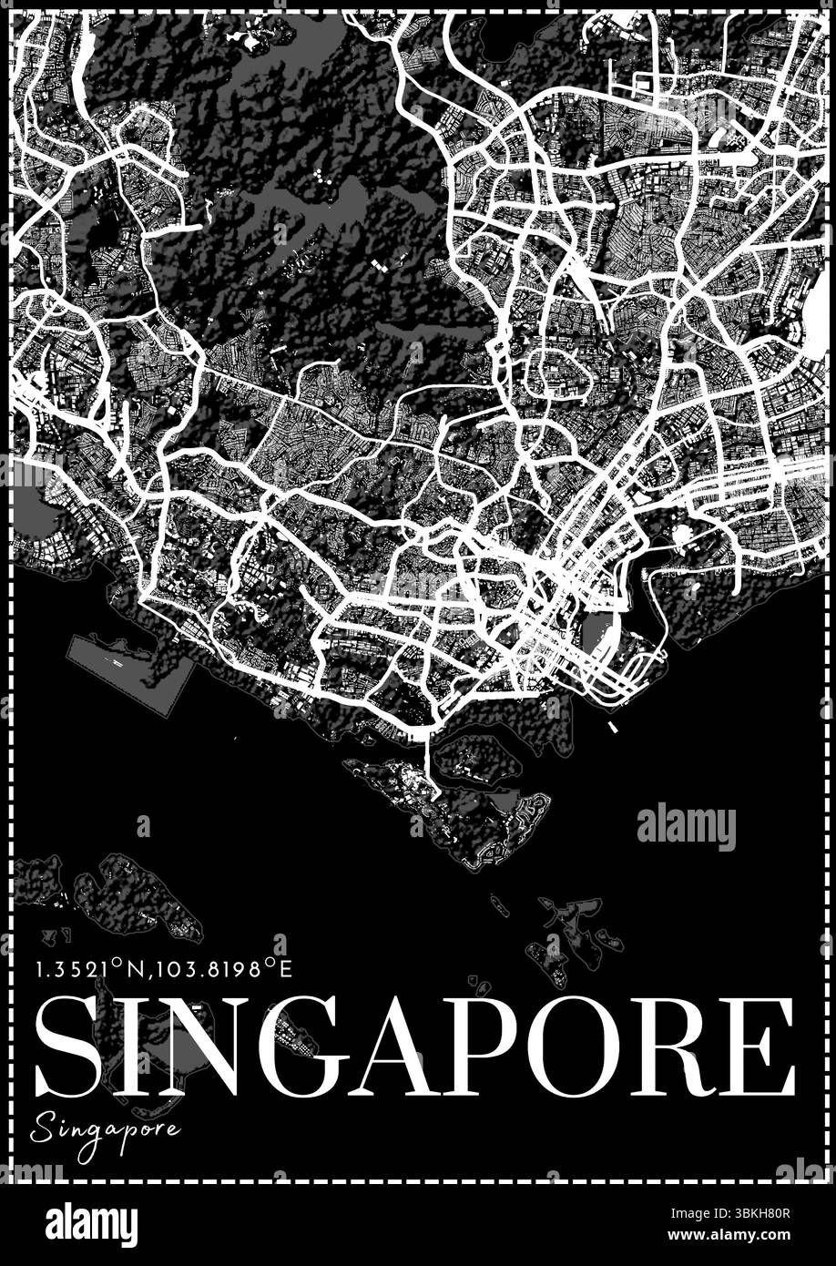 Carte de la ville de Singapour en noir et blanc – Art minimaliste de la disposition urbaine Illustration de Vecteur