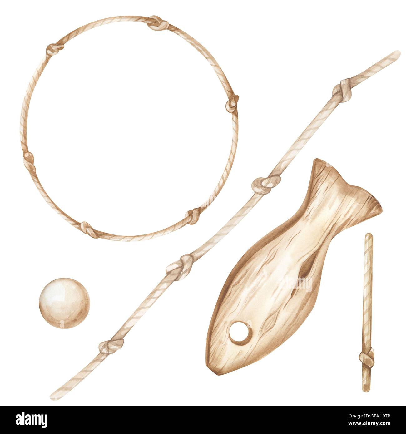 Un mini ensemble avec une corde de jute nouée, et un poisson en bois et une boule sur fond blanc. Illustration aquarelle en monochrome. Style marin Banque D'Images