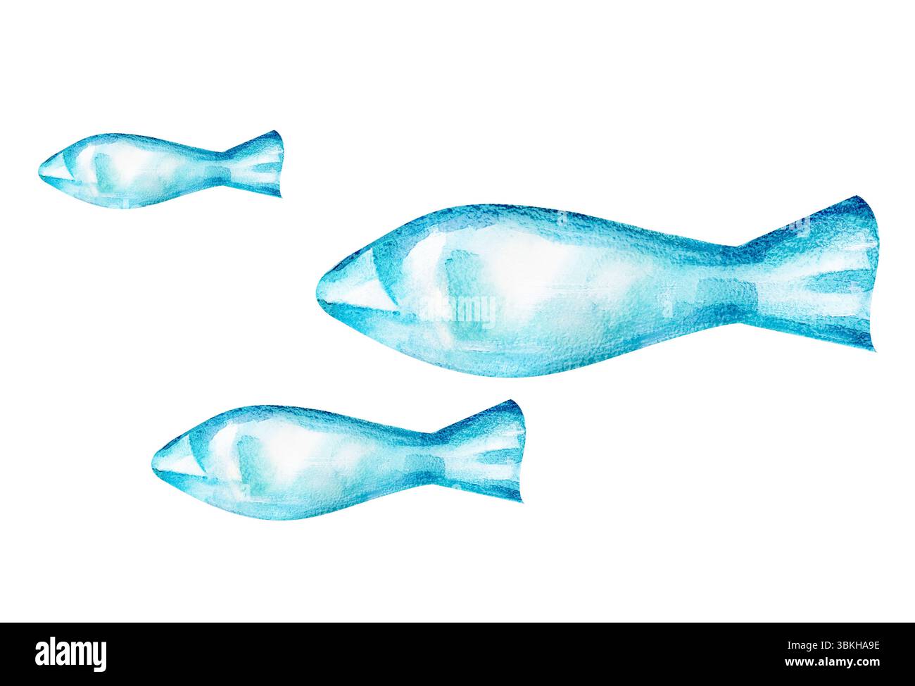 Un troupeau de poissons aquarelles stylisés, dessinés à la main. Illustration aquarelle de poissons turquoise abstraits. Thème marin. Pêche. Clipart Banque D'Images