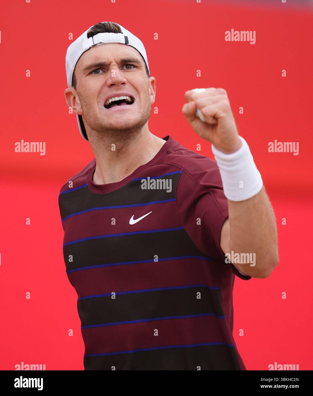 Jack Draper réagit au treizième jour des Championnats HSBC au Queen's Club de Londres. Date de la photo : samedi 21 juin 2025. Banque D'Images