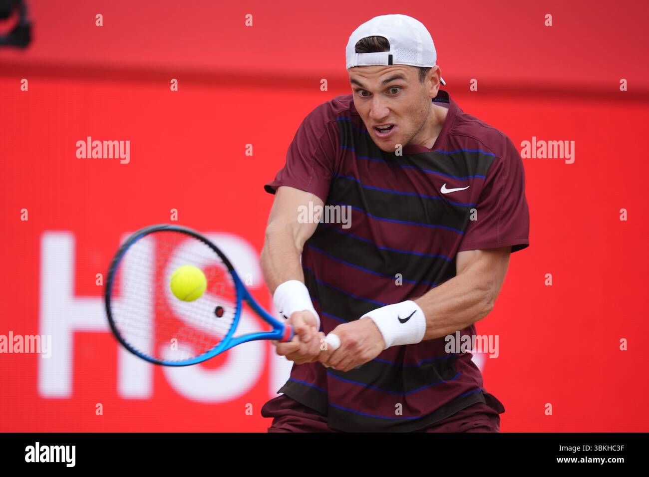 Jack Draper réagit au treizième jour des Championnats HSBC au Queen's Club de Londres. Date de la photo : samedi 21 juin 2025. Banque D'Images