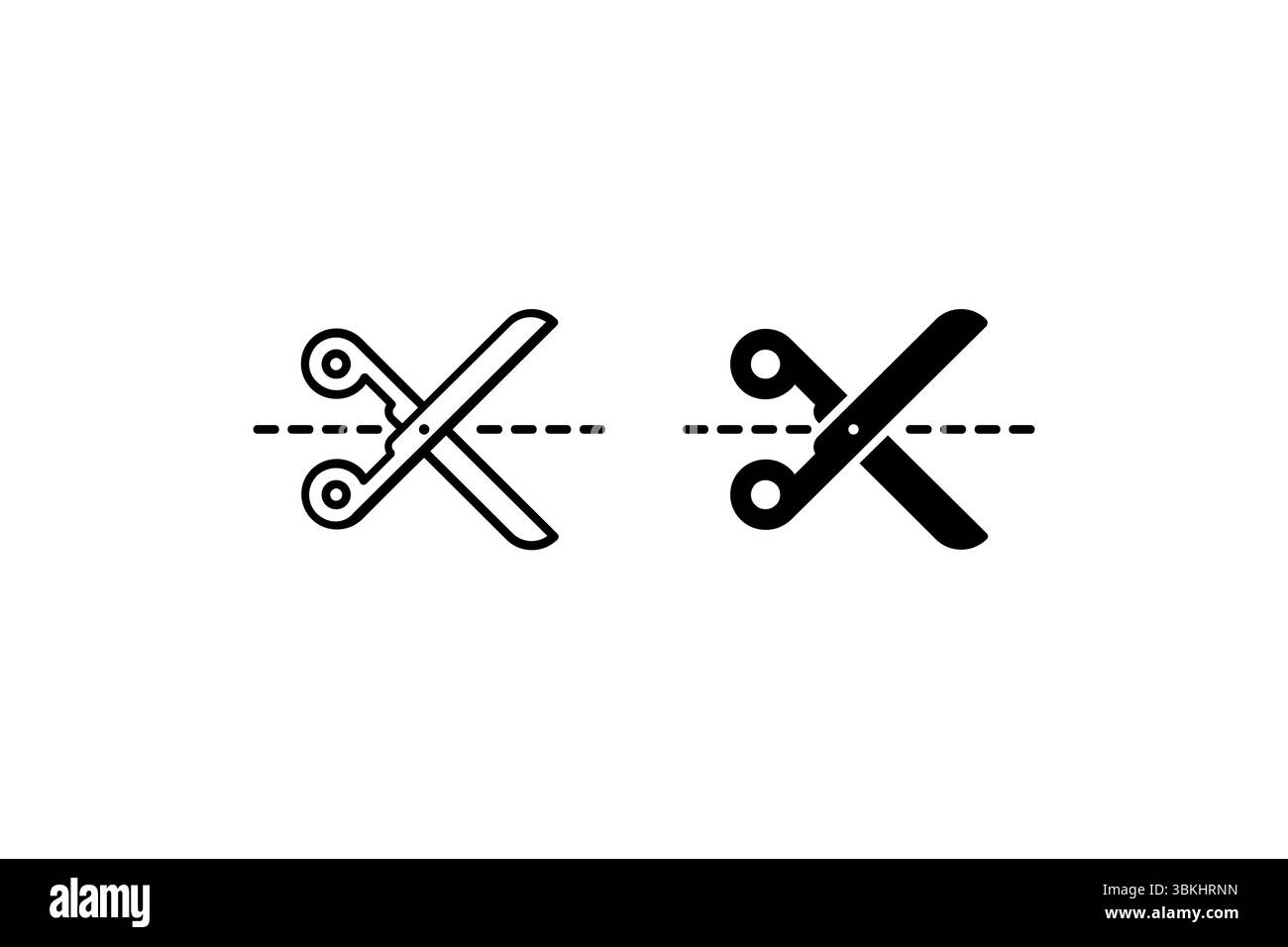 Ensemble d'icônes couper ici. Une icône noire de ciseaux avec une ligne de coupe, représentant la coupe. Illustration de Vecteur