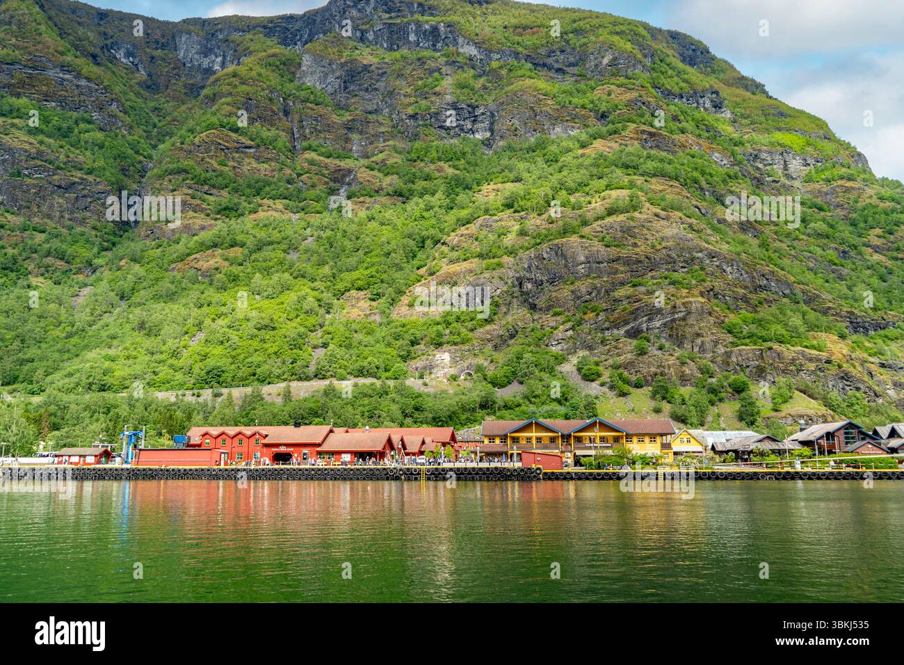 Les bâtiments animés du village de Flam bordent le front de mer pittoresque du fjord. Banque D'Images