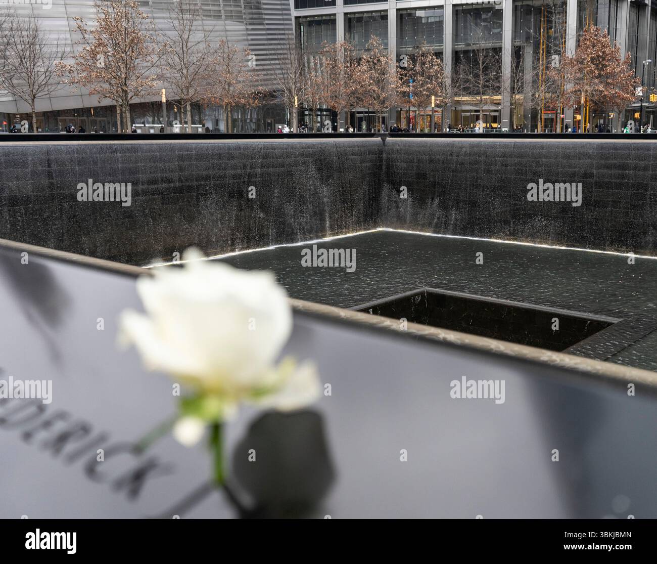 Le National September 11 Memorial & Museum, un hommage aux victimes des attentats de 9/11, avec une eau sereine et une offrande de rose blanche. Banque D'Images
