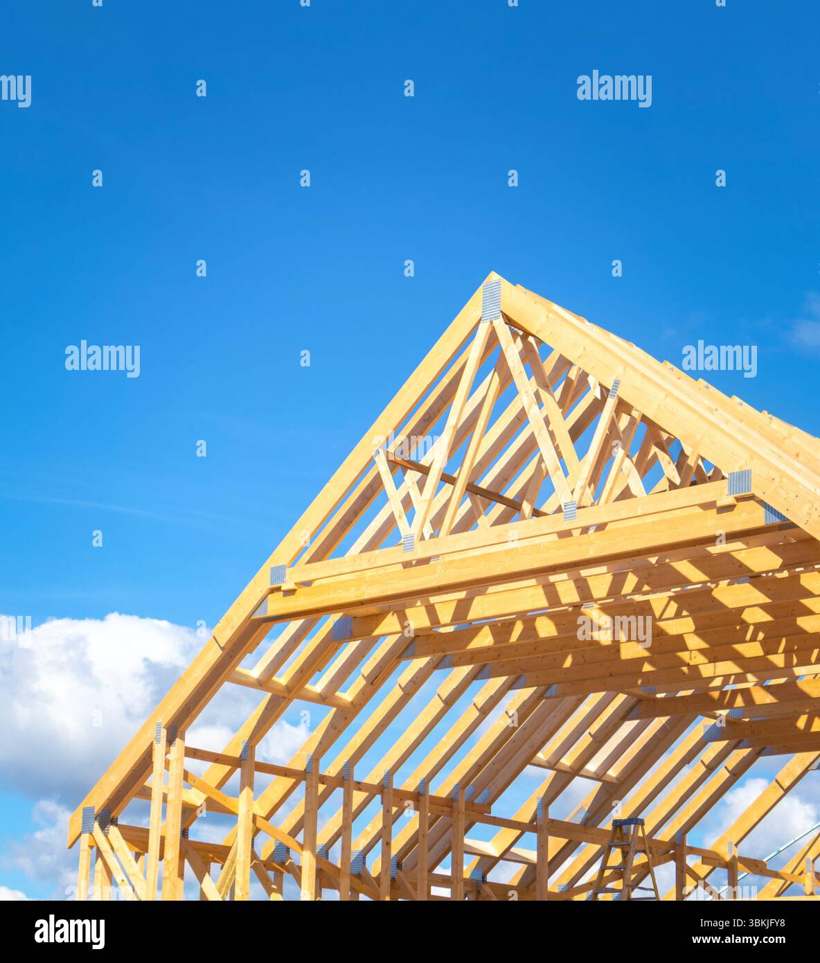 Cadre de toit partiellement assemblé utilisant des fermes d'avant-toit à montants constituées d'une série d'éléments de structure en bois inclinés. Semblable à une construction de chevrons en bois. Banque D'Images