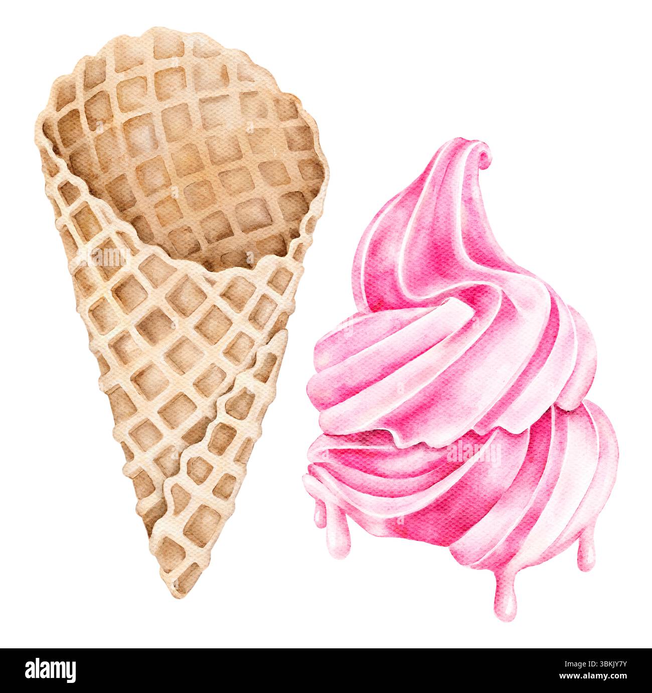 Illustration aquarelle de la crème glacée rose dans un cône de gaufre. Élément peint à la main doux et ludique pour emballage d'été, tissu pour enfants, affiches Banque D'Images