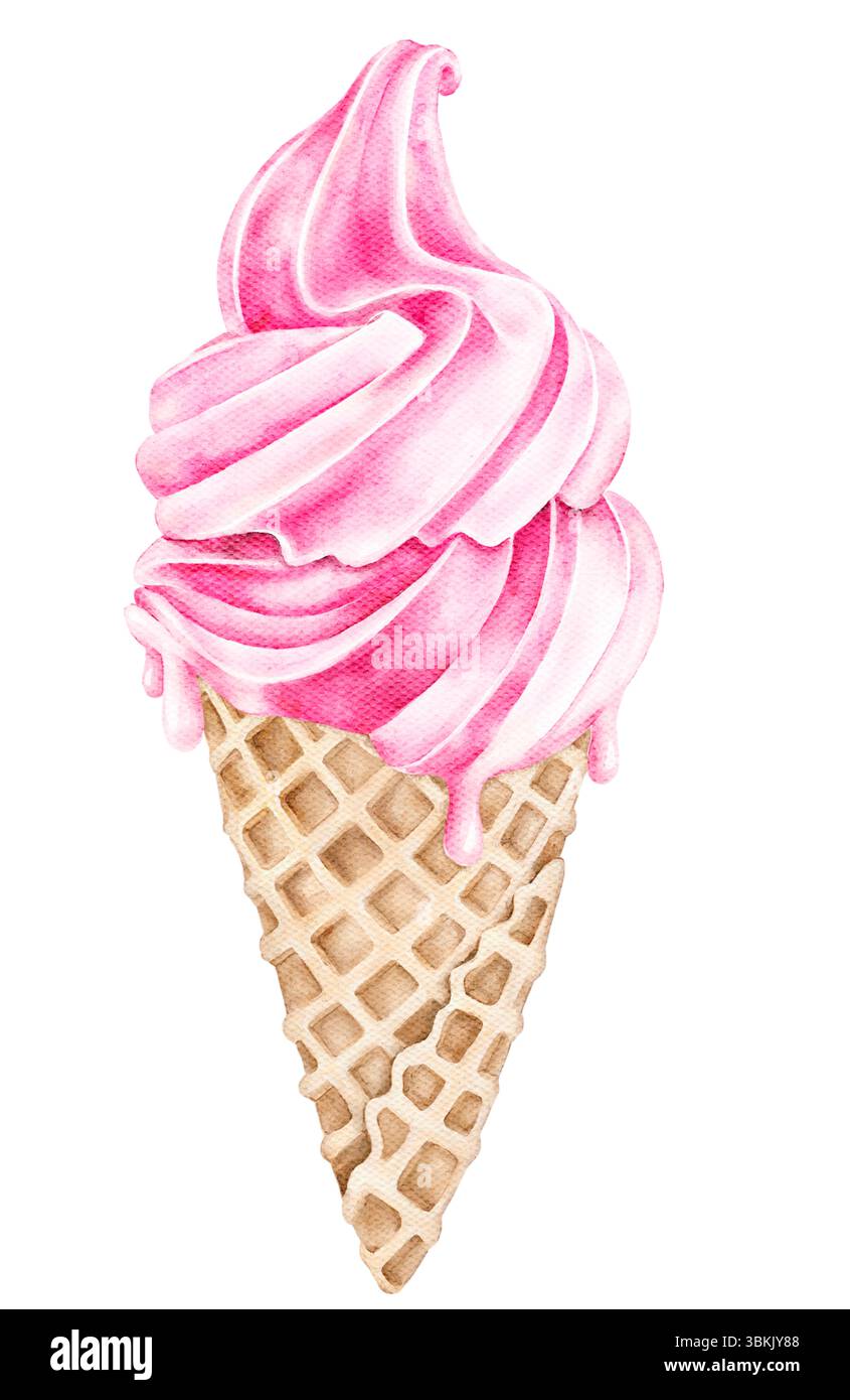 Illustration aquarelle de la crème glacée rose dans un cône de gaufre. Élément peint à la main doux et ludique pour emballage d'été, tissu enfants, affiches, menu Banque D'Images