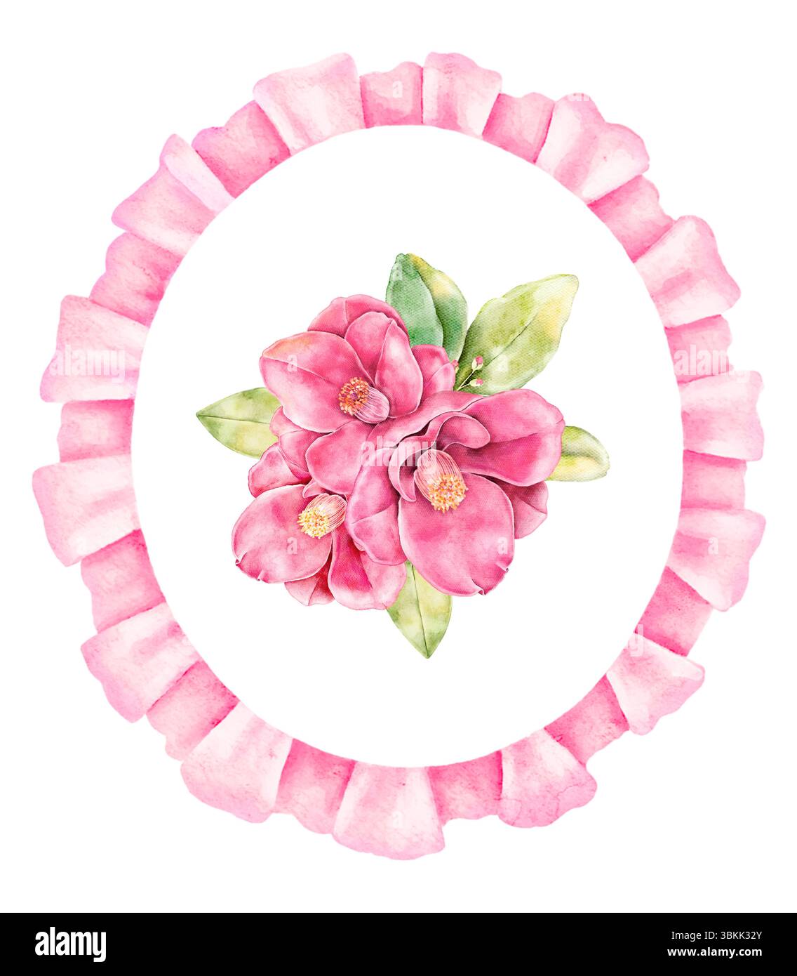 Cadre floral ovale aquarelle avec un bouquet de camélia rose et ruban décoratif isolé sur blanc. Idéal pour les cartes romantiques, invitations printanières, packa Banque D'Images