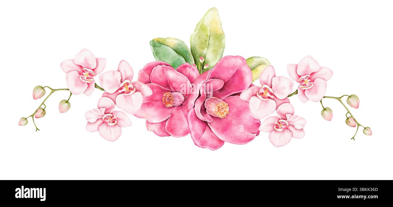 Composition florale à l'aquarelle avec des camélias brillants et des orchidées douces isolées sur blanc. Parfait pour les invitations élégantes, les conceptions de mariage, l'emballage d'un Banque D'Images