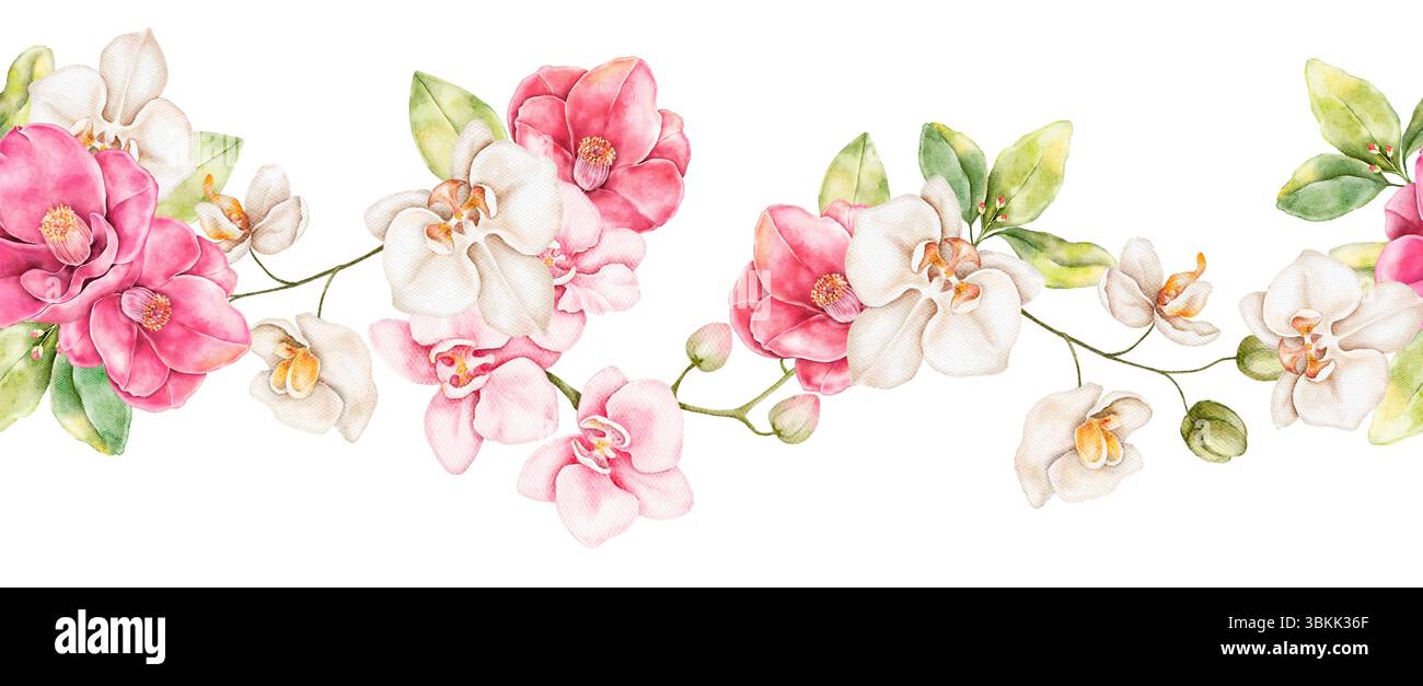 Aquarelle peinte à la main florale sans couture frontière répétable avec des camélias vibrants et des orchidées douces. Design botanique élégant idéal pour l'emballage, invit Banque D'Images