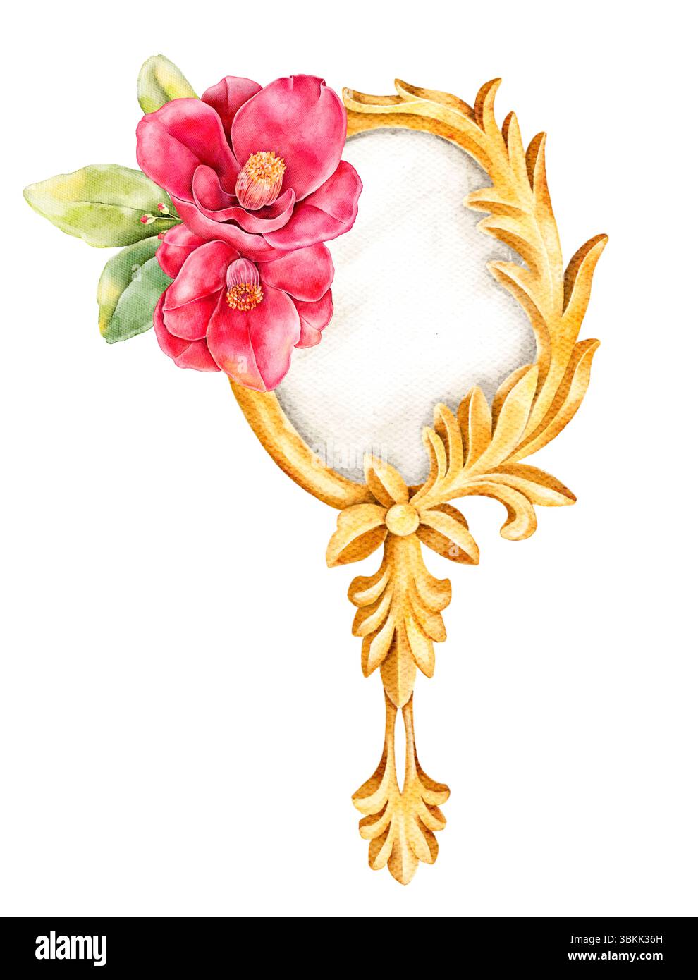 Élégant miroir à main de style baroque décoré de fleurs de camélia roses et de feuilles vertes. Clipart aquarelle parfait pour les designs romantiques et féminins. Banque D'Images