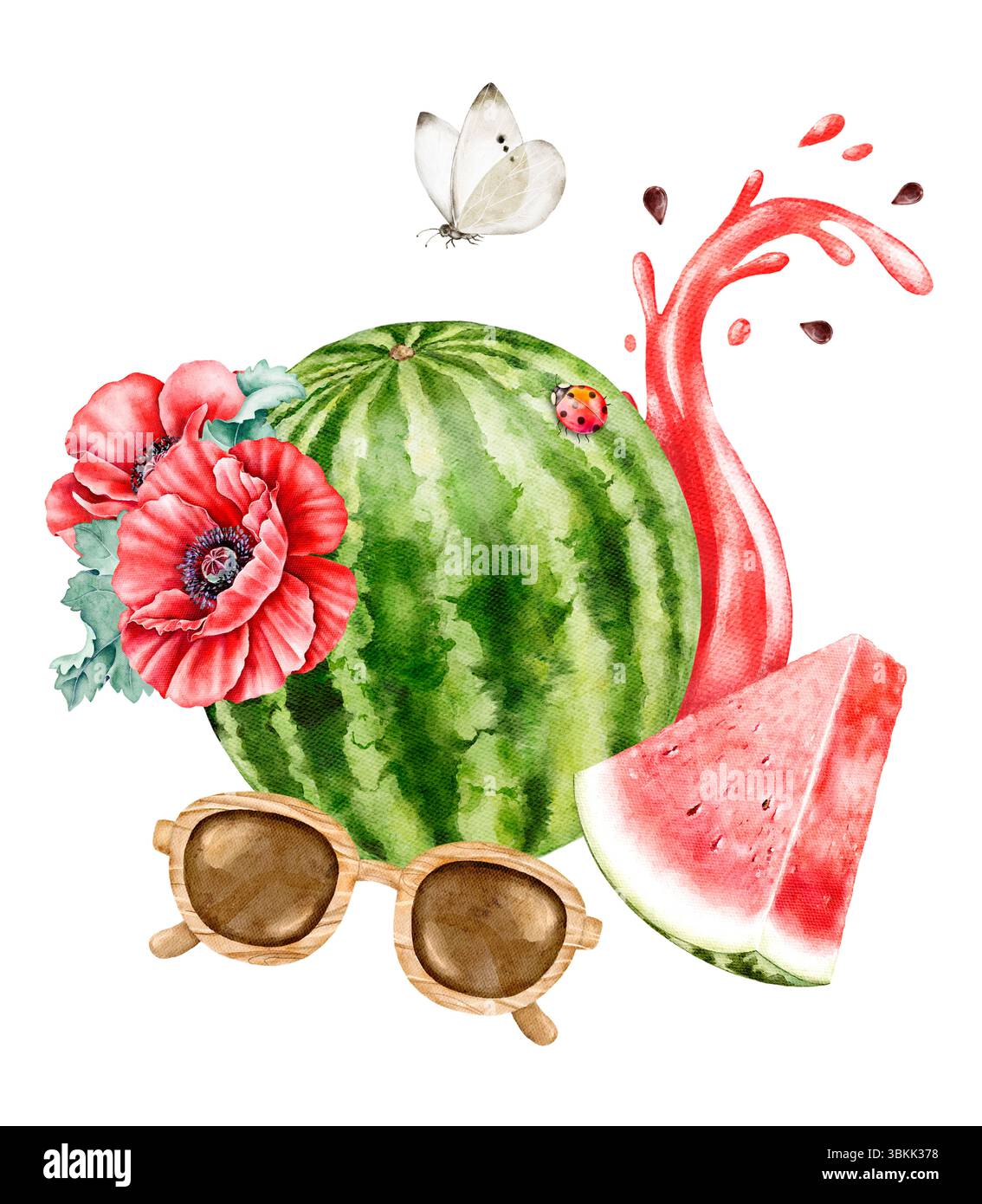 Composition aquarelle ludique de pastèque tranchée chapeau panama et fleurs de coquelicot isolé sur fond texturé blanc parfait pour le décor d'été Banque D'Images