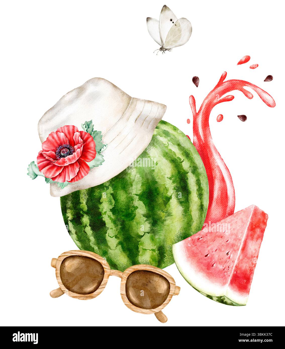 Composition d'été avec des lunettes de soleil panama chapeau blanc tranche de pastèque entière et coquelicot rose dans la texture aquarelle isolé sur fond blanc Banque D'Images