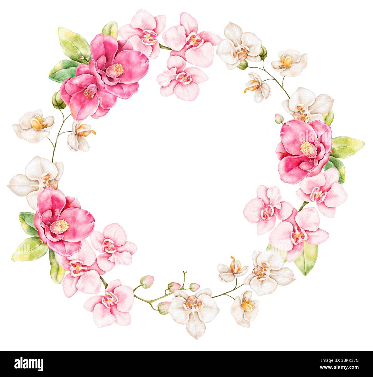 Couronne florale douce à l'aquarelle avec des camélias et des orchidées dans des tons roses doux. Cadre rond peint à la main parfait pour les cartes de mariage, desig saisonnier Banque D'Images