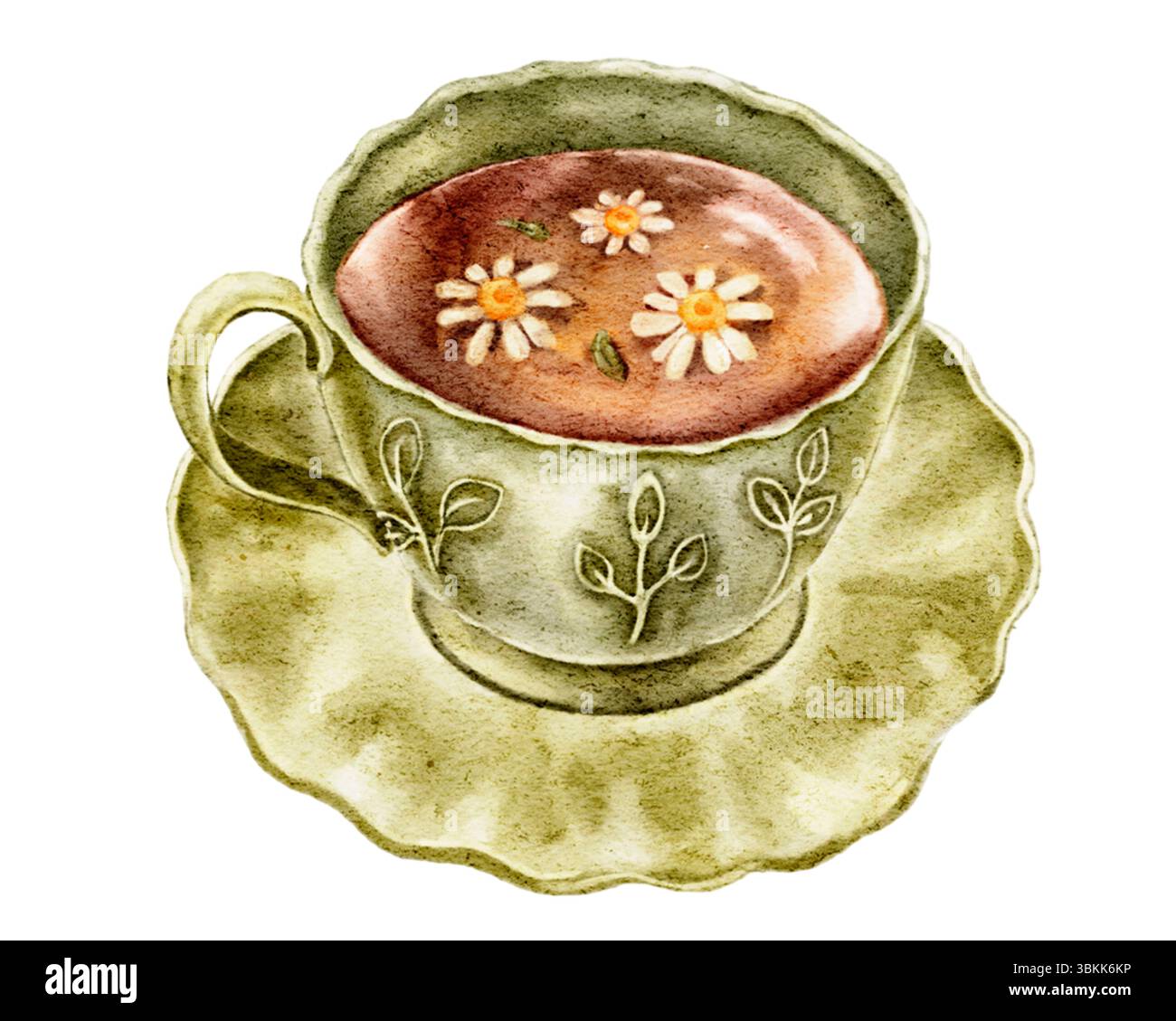 Illustration aquarelle d'une tasse de thé verte avec des fleurs de camomille. Clipart de tisane pour emballages, projets de bien-être, cartes et étiquettes de thé. Banque D'Images