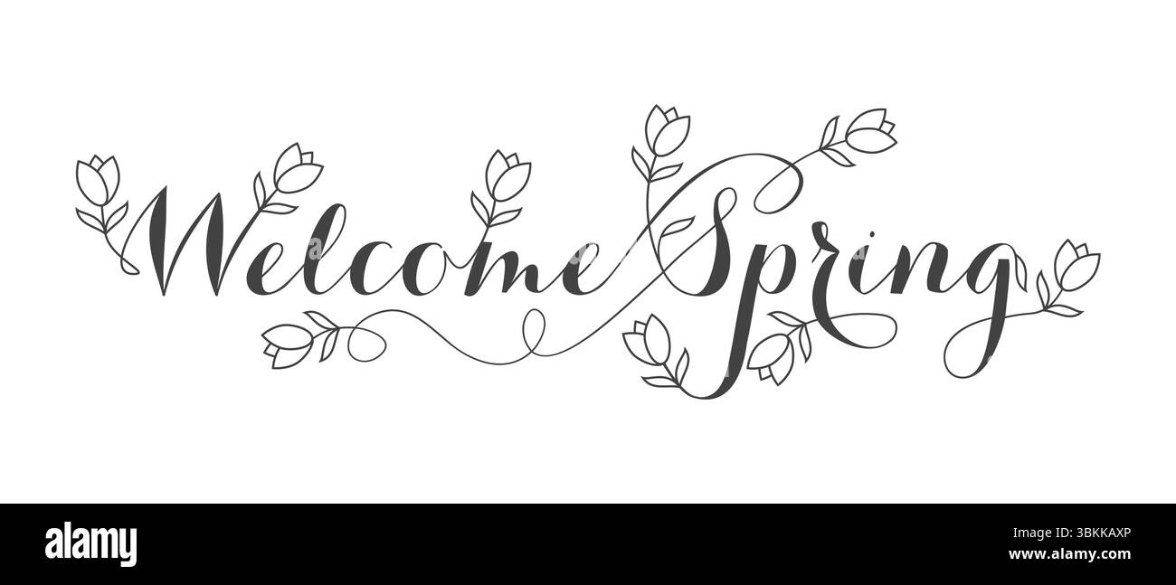 fleur de tulipe de ligne avec vecteur de printemps de bienvenue manuscrit isolé sur fond blanc Illustration de Vecteur