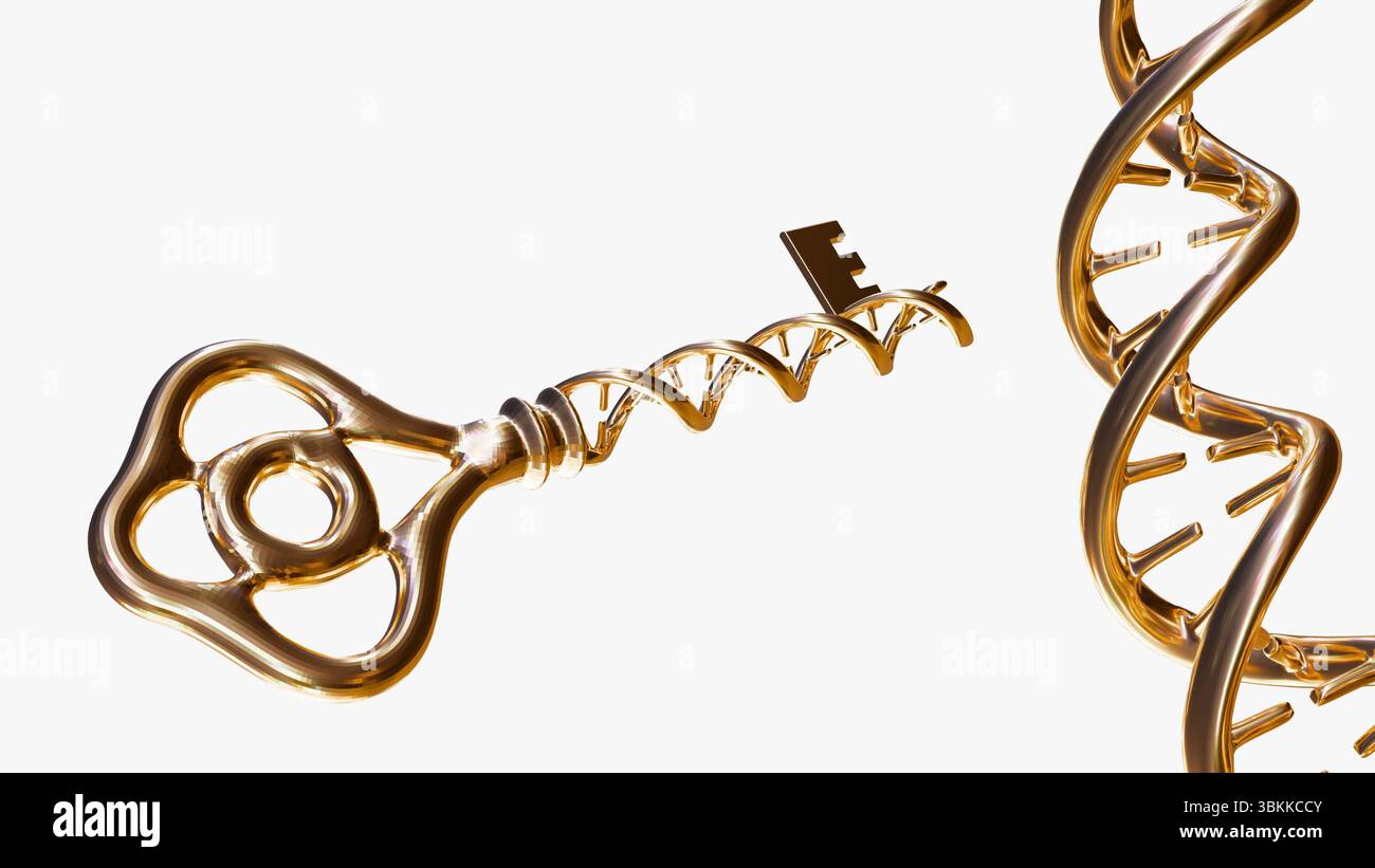 Un rendu 3d de la clé dorée avec une structure en double hélice ressemblant à un brin d'ADN. Banque D'Images
