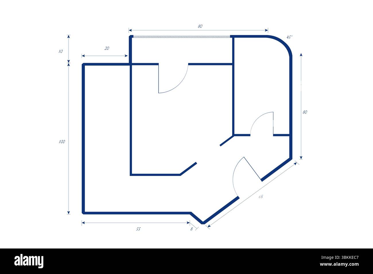 Plan d'étage vectoriel minimaliste montrant les contours des murs bleus, les arcs de porte, les étiquettes de dimension et le marqueur à 45° Banque D'Images