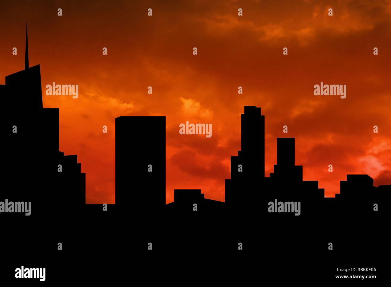 La silhouette de la ville s'élève dans la scène de crépuscule de conception plate, avec flèche et ciel nuageux Banque D'Images