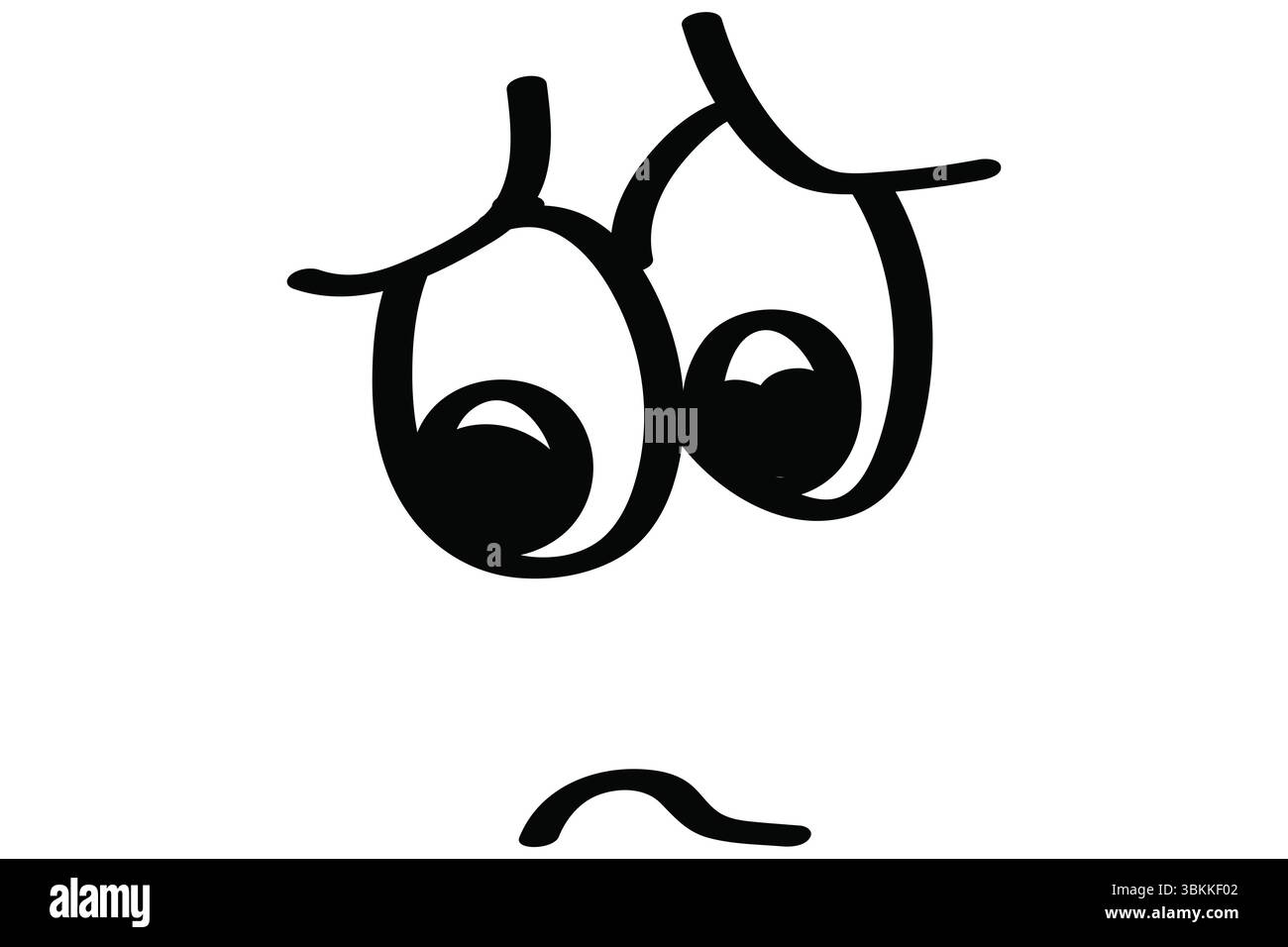 Le visage de dessin animé au trait simple flotte sur fond blanc, avec de grands yeux googly et un froncement de sourcils Banque D'Images