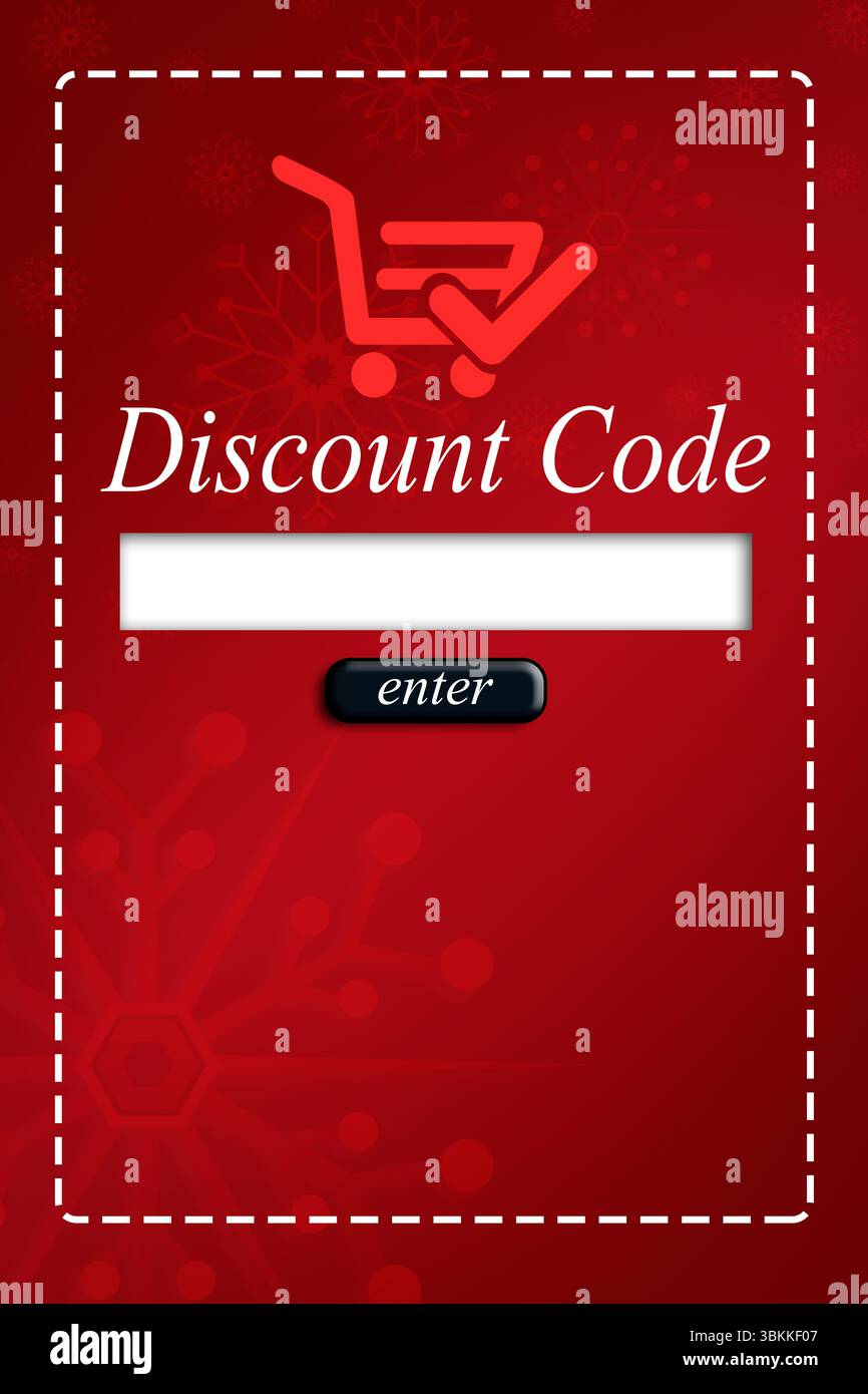 La saisie du code de réduction affiche un design rouge plat avec une icône de panier, une bordure en pointillés et un bouton entrée Banque D'Images