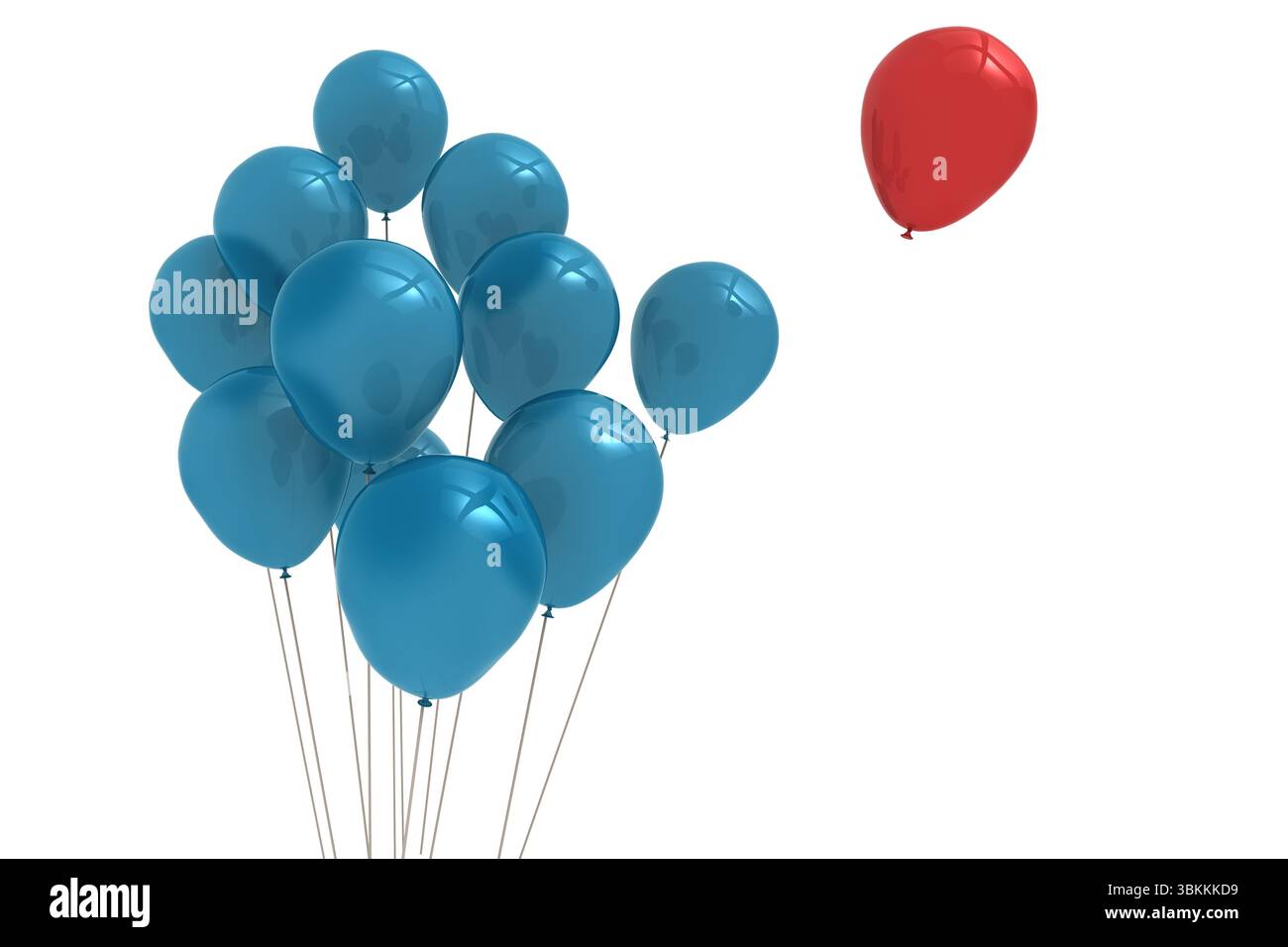 Ballons bleus brillants plats s'élevant en bas à gauche avec des cordes, ballon rouge flottant en haut à droite sur blanc Banque D'Images