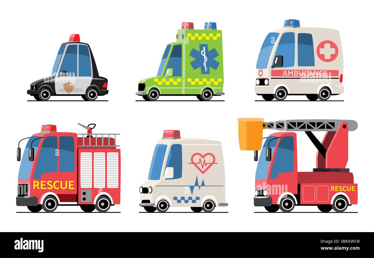 Véhicules d'urgence Set illustration de dessin animé. Inclus voiture de police, véhicule de sauvetage bénévole, ambulance, camion de pompiers et camion-grue. Conception plate. ISO Illustration de Vecteur