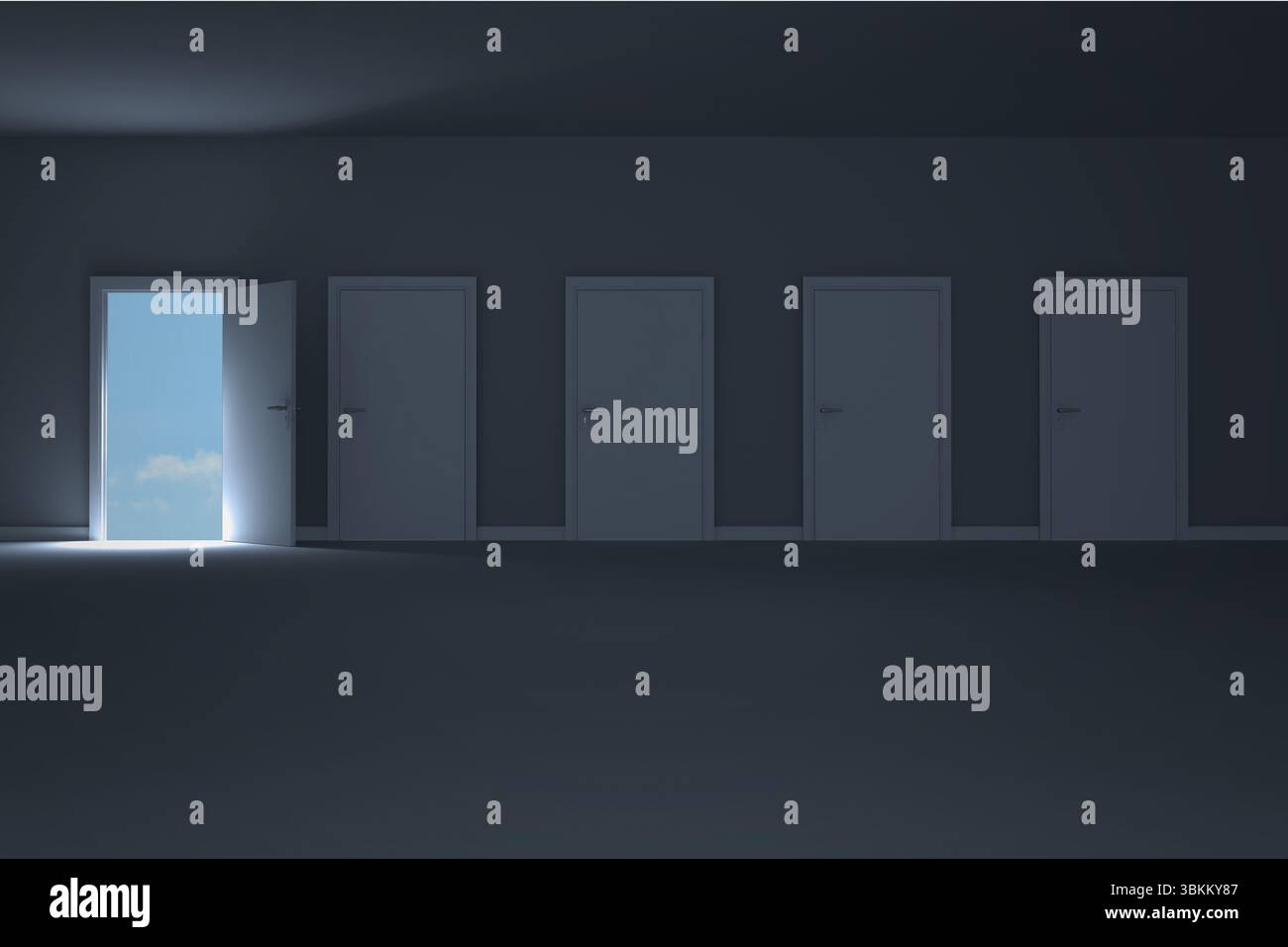Ouverture de porte dans une pièce sombre pour montrer sky Banque D'Images