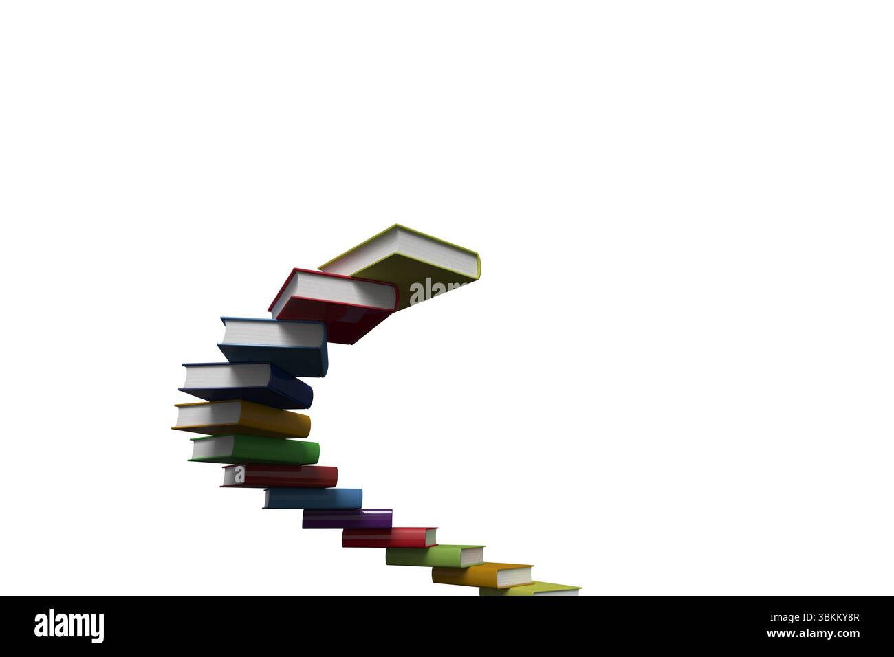 Spirale de livres reliés colorés montant en 3D rendu sur fond blanc, formant courbe d'escalier Banque D'Images