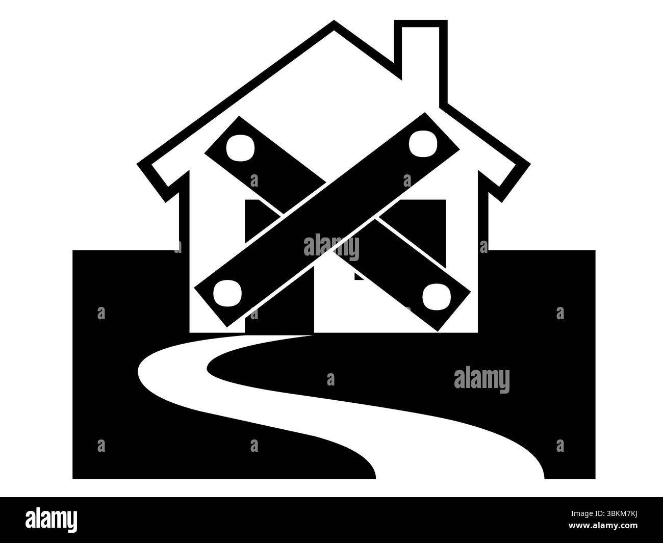Icône Maison abandonnée avec fenêtres et chemin embarqués - vecteur noir et blanc Illustration de Vecteur