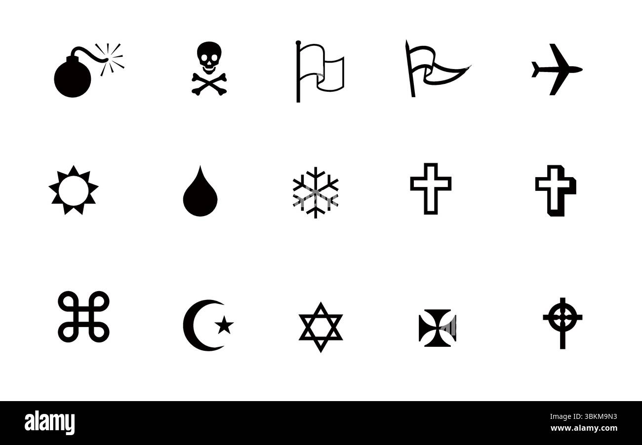 Ensemble d'icônes diverses : symboles danger, voyage, Météo, religieux et divers Illustration de Vecteur