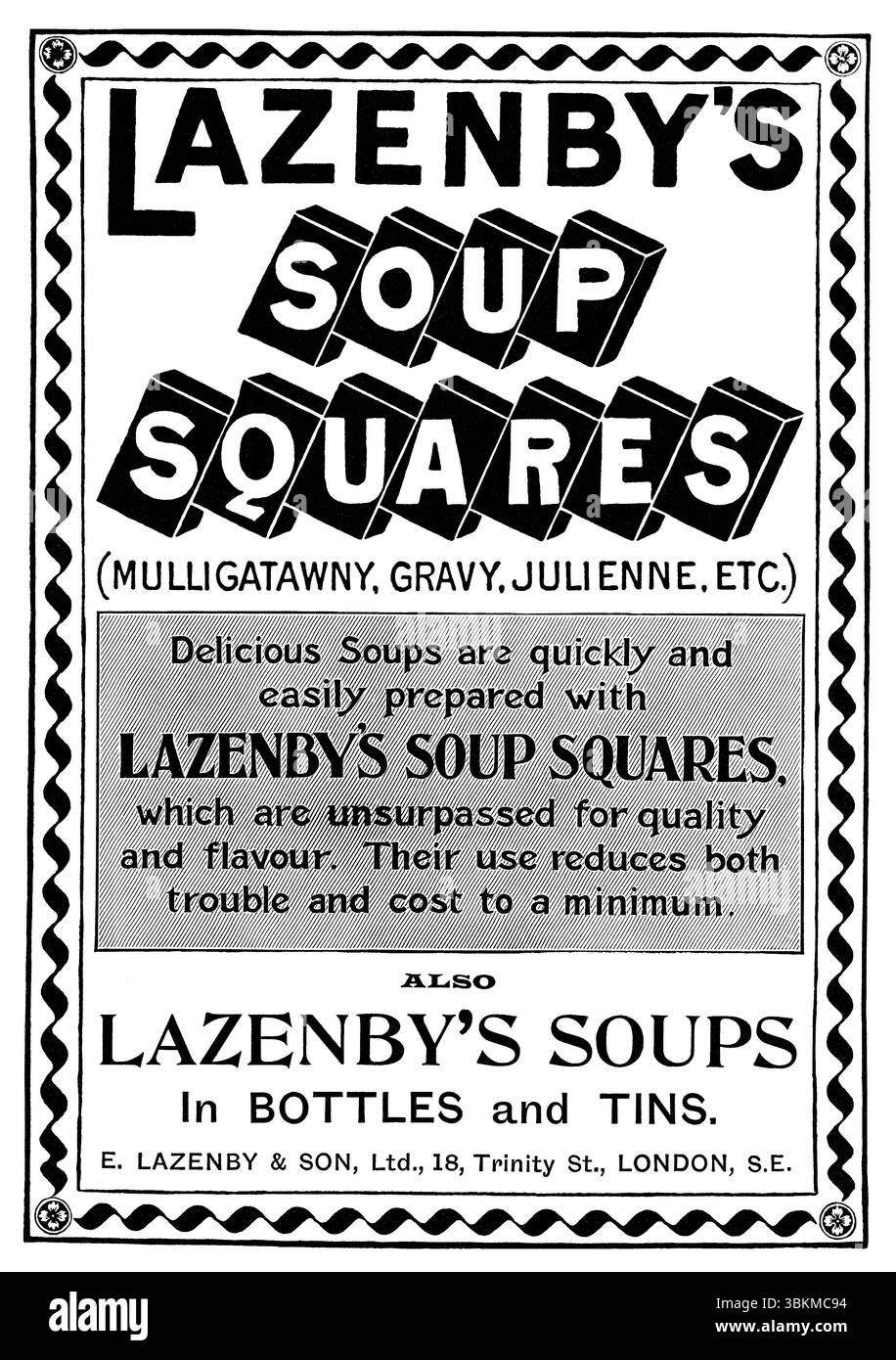 1904 publicité de nourriture britannique pour les soupes Lazenby's. Banque D'Images