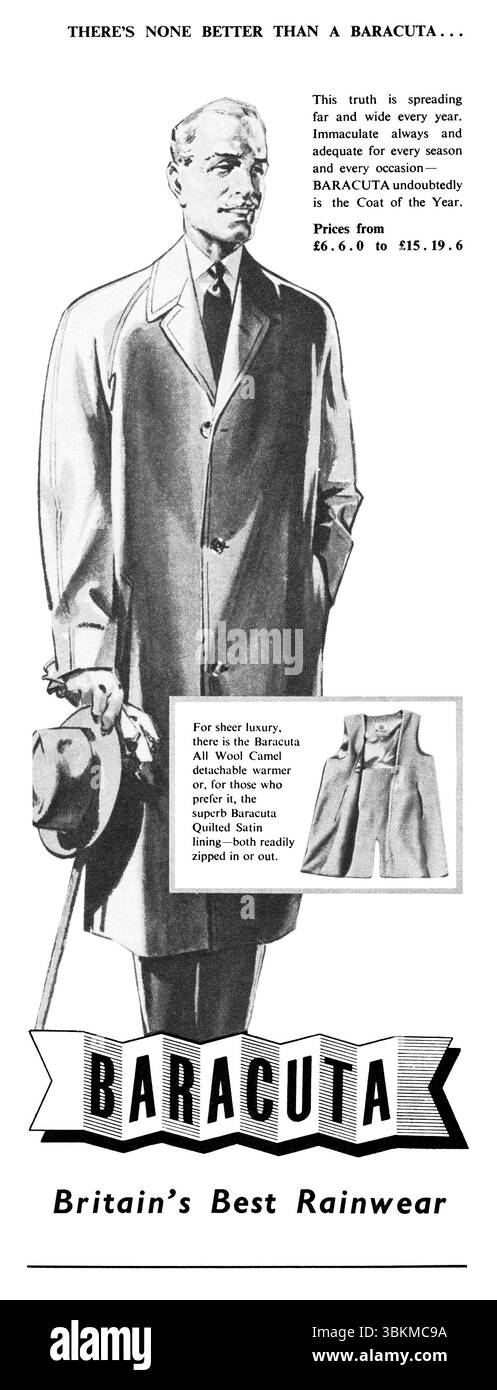 1955 publicité de mode britannique pour les imperméables pour hommes Baracuta. Banque D'Images